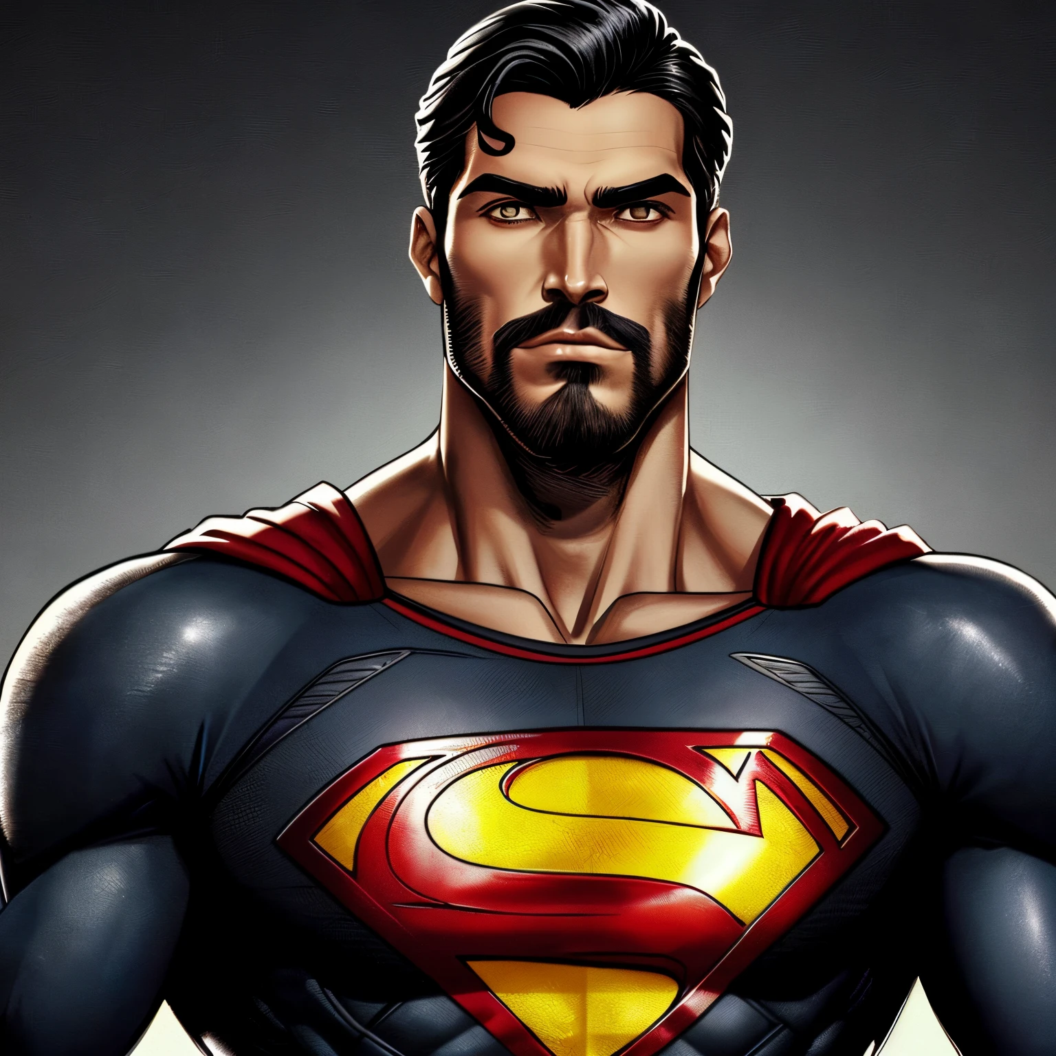 sozinho,Um homem ,((corpo sarado)), cabelo curto, ((Cabelo curto, cabelo preto, barba preta)), cabelo preto curto, barba curta preta, uniforme do superman, superman, corpo inteiro