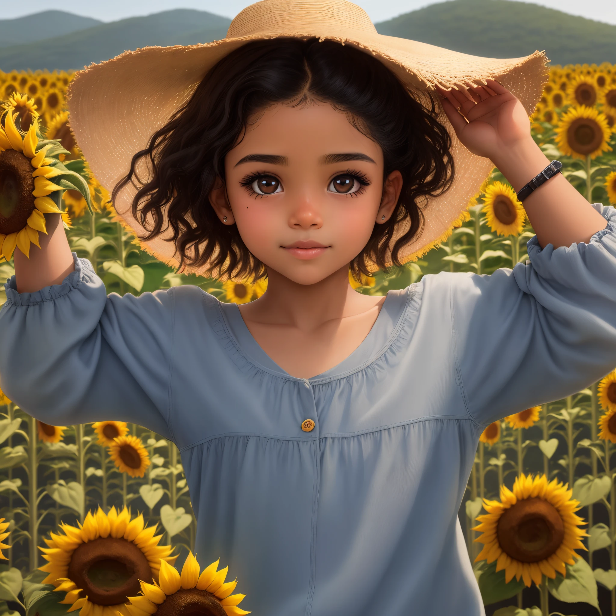 make an image of a young brown girl, rosto fino, olhos castanhos, cabelo preto curto, nariz um pouco grosso, in a landscape of sunflowers