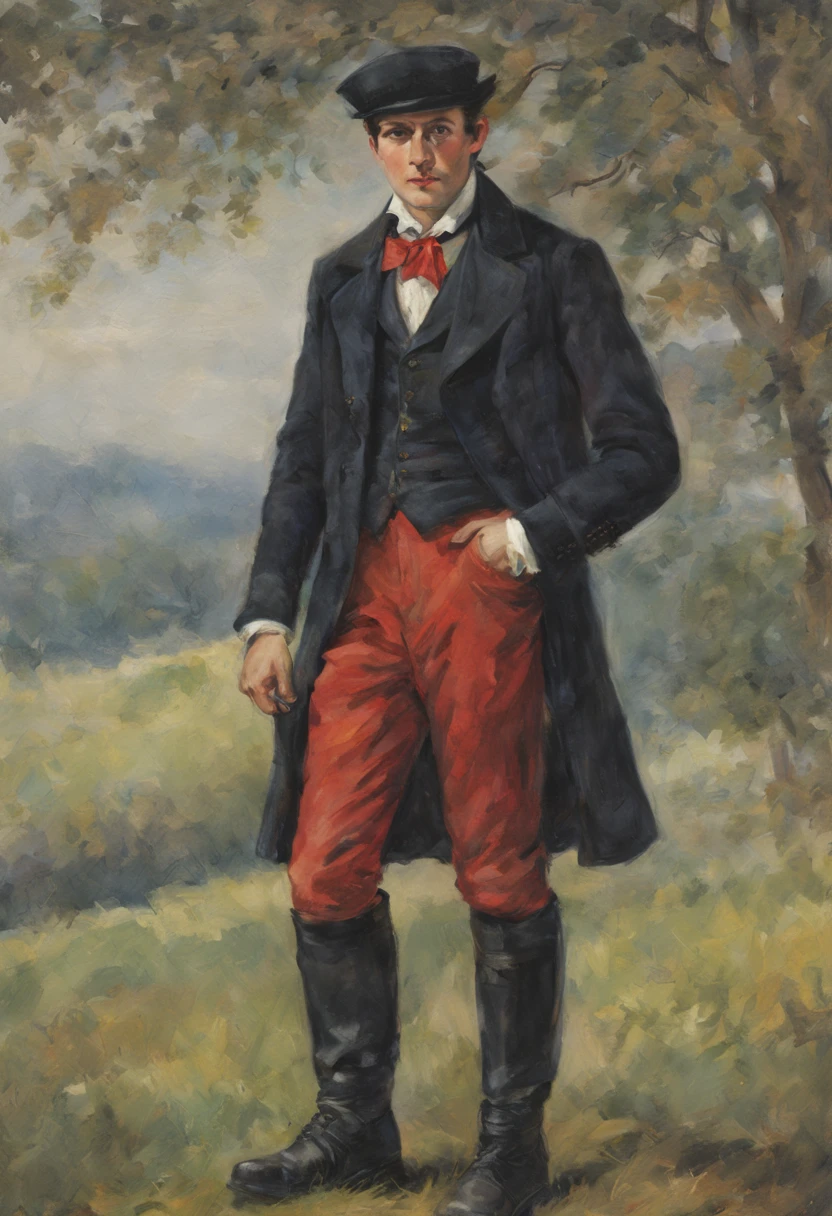 bridegroom, portraite of a, Slav, blouse, frock coat, knee boots, cap, untucked red shirt, waistcoat, striped pants tucked into boots