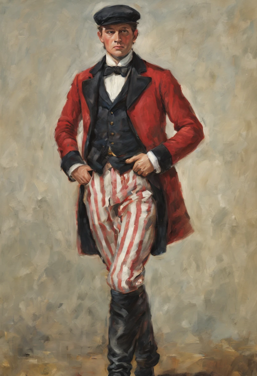 bridegroom, portraite of a, Slav, blouse, frock coat, knee boots, cap, untucked red shirt, waistcoat, striped pants tucked into boots