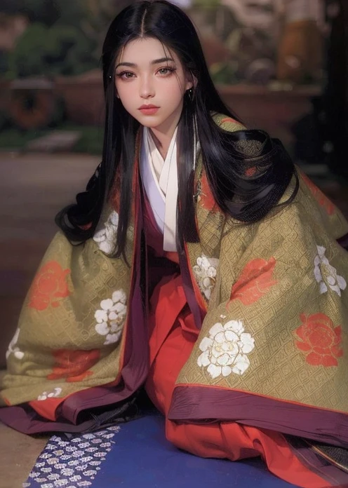 (((Obra maestra), (fondo de pantalla CG 8k extremadamente detallado, The best quality, Only, 1girl, cinematography lighting, Antecedentes detallados, hermosos ojos detallados, pupilas brillantes, (un extremadamente delicado y hermoso), (Description of Eyes beautiful and detailed), Ultra detallado, Obra maestra,))), una pintura del personaje de la historia Murasaki no ue genji, dama de la era heian, Japan, Ancient Japan, Ancient Japan, Noble Dama, vestida con un kimono rojo en capas, junihitoe, mirada penetrante, Obra maestra, La mejor calidad, medio cuerpo, retrato, 1 girl, anime, Japan, semi-realista, mujer joven, japonesa, sonriente, cara bonita, Beautiful, Color, genji monogatari, cabello negro, cabello extremadamente largo, Cabello largo, cabello lacio, ojos azules, ojos almendrados, ojos redondos, pliegue epicantico, symmetrical and bright eyes, small-nose, labios regordetes, labios carnosos, labios rosados, face symmetrical, cara ovalada, piel clara, piel suave, cuerpo perfecto, hermoso cuerpo, cintura delgada, senos grandes, 插圖, extremadamente detallado, Suave, High resolution, Calidad Ultra, ojos detallados, Boca detallada, Boca detallada, Cara detallada, Cara detallada, ojos perfectos, Ambos ojos son iguales, Luz real, resplandeciente, Iridiscente, global ilumination, Movimiento real del cabello, Luz real, Sombra real, Cara real, ojos brillantes, Luz suave, dreamy light
