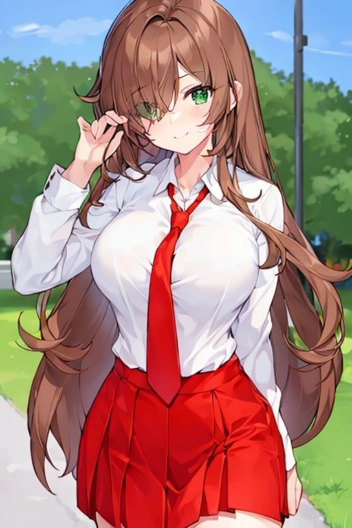 1girl, one-eye covered, hair over one eye, smile, green eyes, brown hair, skirt, necktie, red necktie, white shirt, red skirt, large breasts thick thicks, wide hips, park, light smile, looking at viewer, school uniform