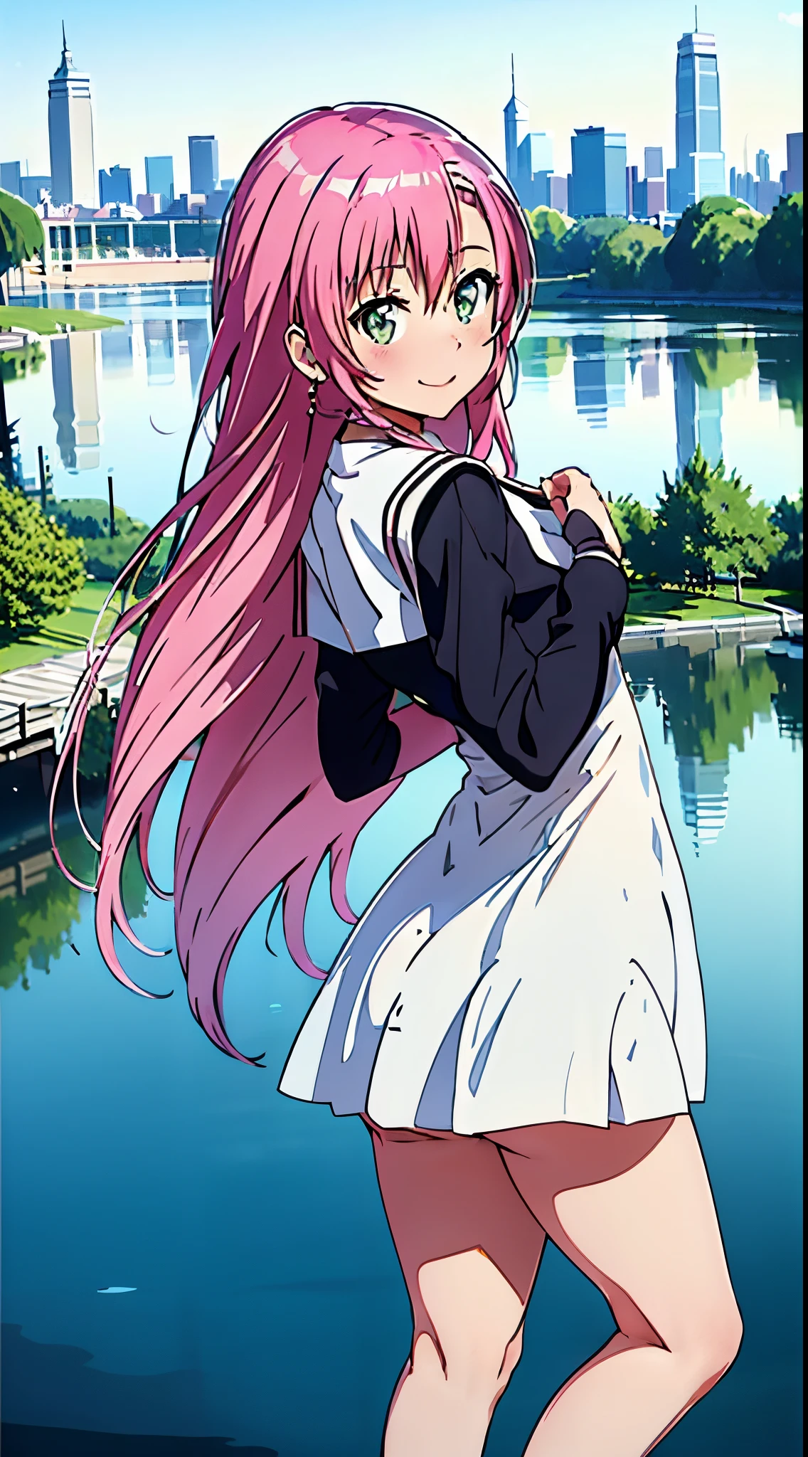 (top-quality、in 8K、32K、masterpiece、nffsw、ighly detailed:1.2)、Full body, (Vibrant city skyline reflected on the tranquil waterfront:1.4)、beautiful shadow、beauitful face、blurry backround、16-year-old beautiful girl、shinny skin, Beautiful pink hair、Green eyes、a sailor suit、pleatedskirt、Black socks、Black shoes、white panties、Dynamic Pose、A smile、Raising arms、crouching down、white panties、thighs thighs thighs thighs、from the front side、