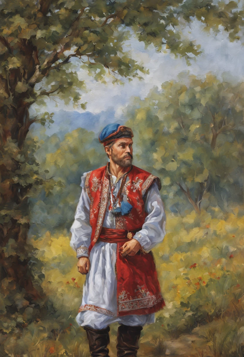 (best quality,4k,8k,highres,masterpiece:1.2),ultra-detailed,(realistic,photorealistic,photo-realistic:1.37), bridegroom, portrait, Slavic, kosovorotka, kaftan, boots, cap, shirt with red tassels, vest, trousers tucked into boots, silk fabrics, traditional Russian attire, intricate embroidery, fine details, professional lighting, vivid colors