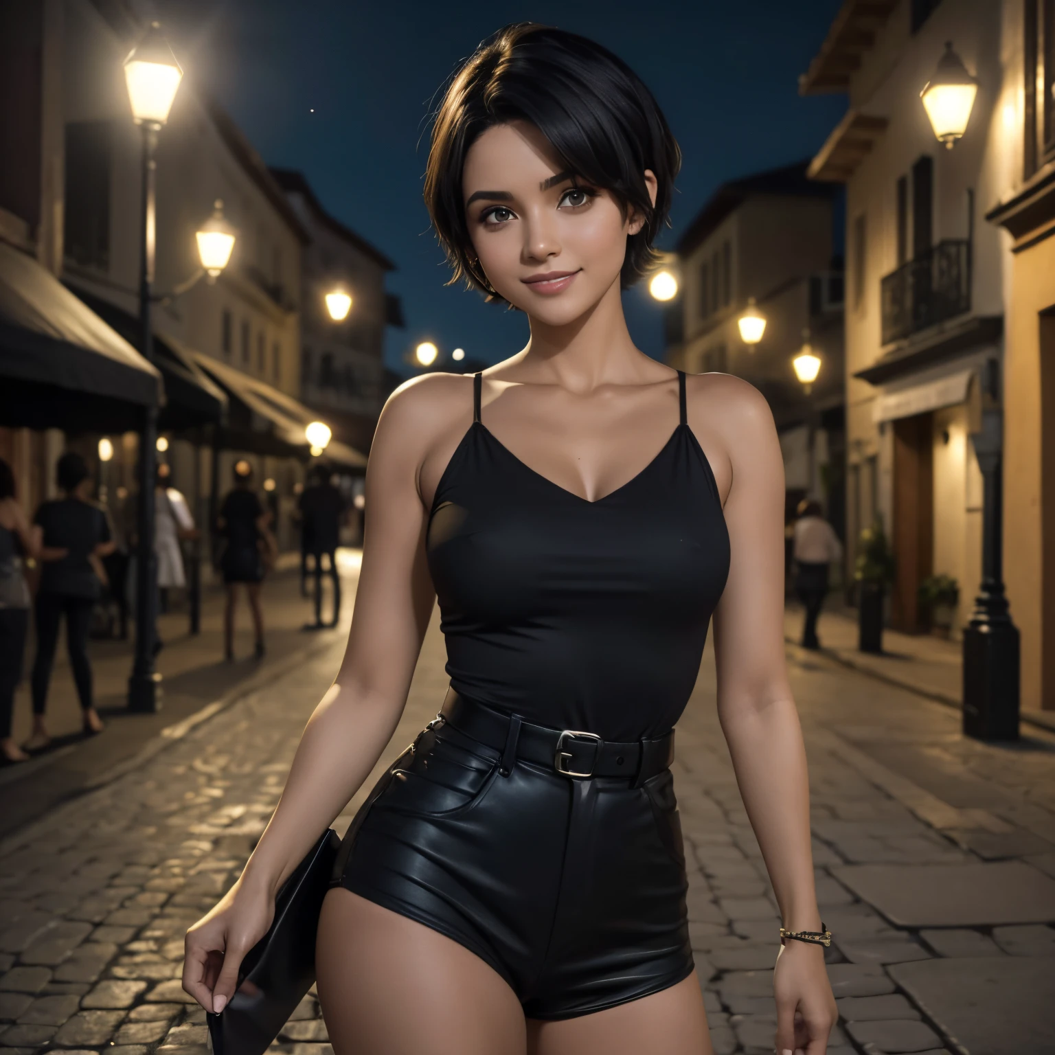 uma jovem de cabelo preto, olhos verdes, short hair up to the shoulders, she is in the square alone, it is night time, com roupas leves e bonitas, com riqueza de detalhes, melhor fotografia, obra prima, luz cinematografica, sorridente, feliz,