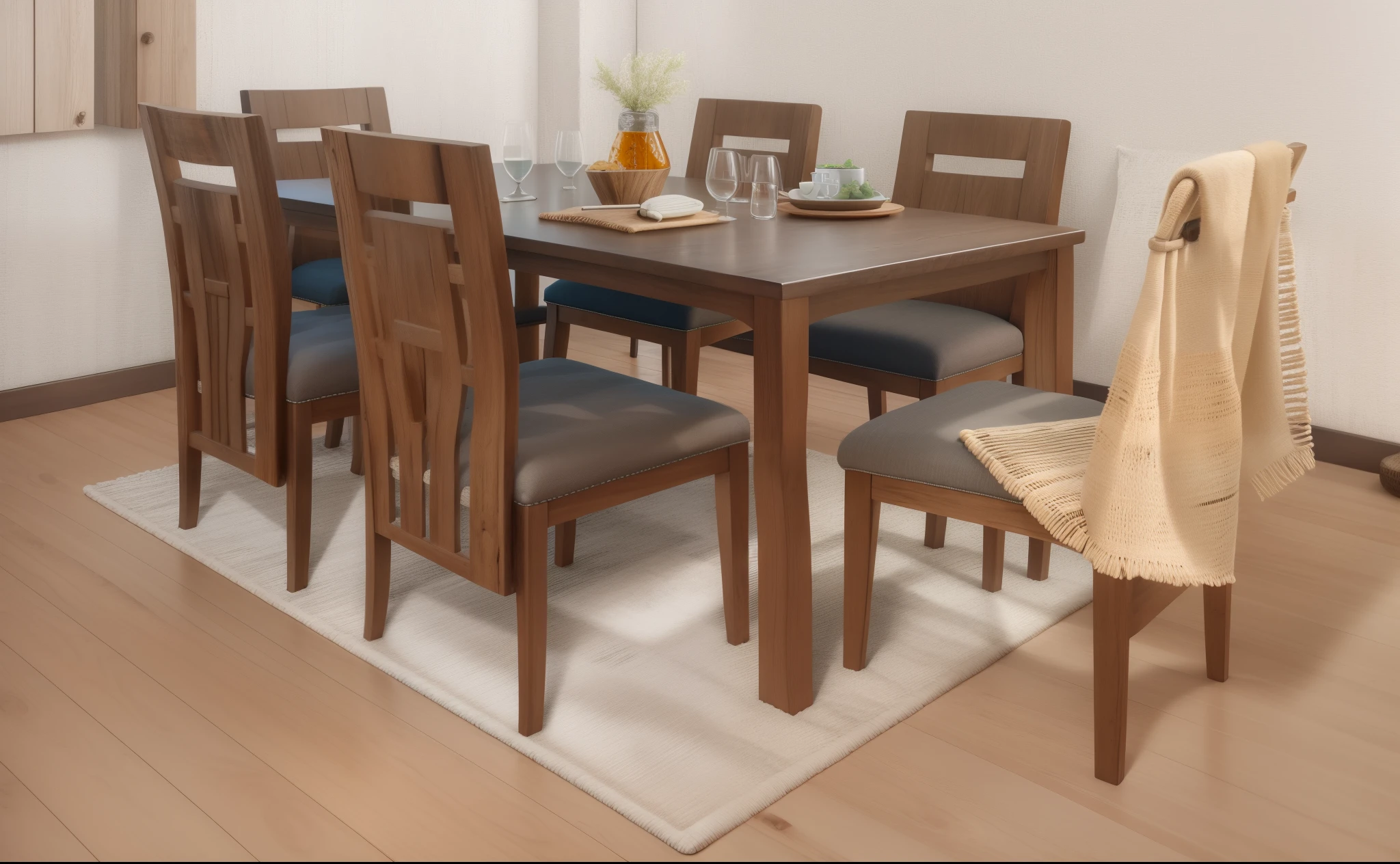 there is a table with chairs and a rug on the floor, wooden furtniture, woodland, dinner table, ocean, wooden furniture, modern rustic”, dining table, woods, savanna, designer furniture, rustic, bara, wood furnishings, stylistic furniture, avian, ultra realistic ”, ultra realistic”, sienna, grain”, bangalore, furniture photography, superior