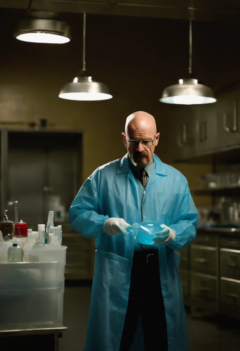 A photo of Walter carefully examining a batch of blue crystal meth in a dimly lit lab.,Breaking Bad,Walter White, the central character of “Breaking Bad,” undergoes a dramatic transformation in appearance: from a meek, unassuming high school chemistry teacher with a mustache and glasses, to the bald, bearded figure known as “Heisenberg,” exuding menace and authority. His wardrobe shift from nondescript, muted clothing to darker, more assertive attire mirrors his descent into the criminal world.