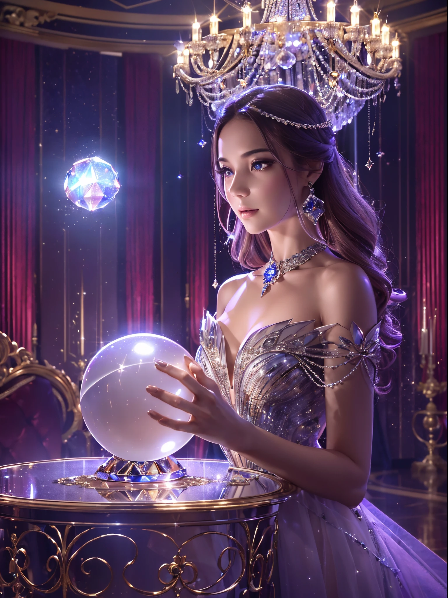((A beautiful magician holds her hand over a large spherical crystal.))8K、An ultra-high picture quality、Ultra-realistic details、3d rendered、Beautiful fair-skinned and feminine style、Sexy costume with wide open chest、Silver decoration、Dazzling spotlights、Luxurious rooms in the background、Blur the background、