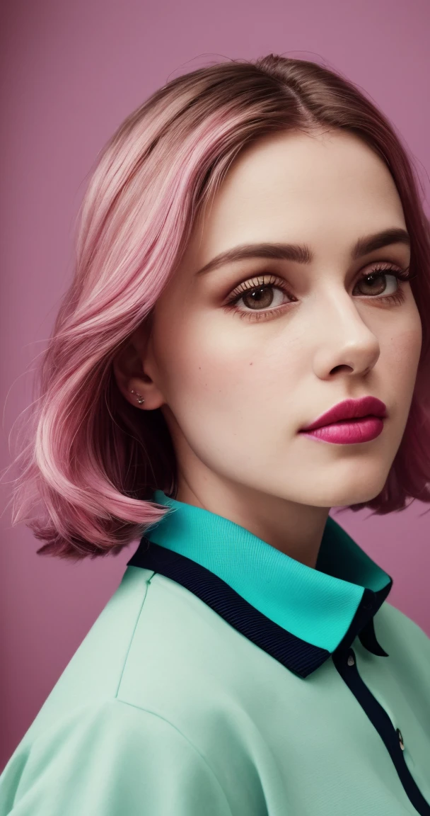 tiktok photo of 37 years old woman, closeup, RAW, masterpiece, realistic, hyper realistic, muted color, film grain,
looking at viewer, polo's pastel perfection looking 80s casual soft collars, fascinating,
wearing Magenta dress flower,