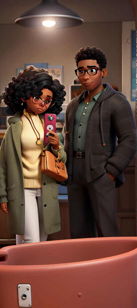 Black man with glasses, black woman Disney Pixar poster with curly hair in high resolution