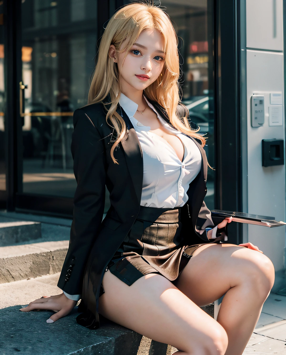 1girl, (Blue eyes), (Smile), (Sana Minatozaki), wide hips, Big Boobs, big ass, round butt, (Best Quality, 8k, Masterpiece: 1.3), perfect hands, Clear Focus: 1.2, Perfect Body Beauty: 1.4 , Slender Abs: 1.2, Highly detailed face and skin texture, detailed eyes, double eyelids, (blonde long hair), ((Black formal mini skirt :1.2)), ((brown closed formal blazer :1.2)), (high heels), (sexy executive woman :1.3), standing, varied pose, next to a luxurious building
