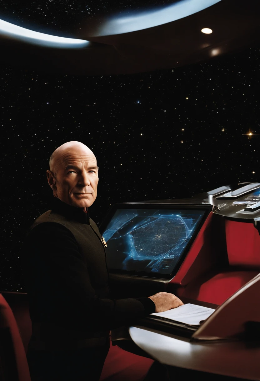 A photo of Captain Picard standing in the ship's astrophysics lab, examining a celestial map on a holographic display.,Star Trek: The Next Generation,Picard is bald, with a poised, upright bearing, and a measured, commanding presence that complements his tactical brilliance. His visage is marked by sharp, discerning eyes and a stately air, often clad in the sleek, red and black Starfleet uniform that denotes his rank and the respect he commands as captain