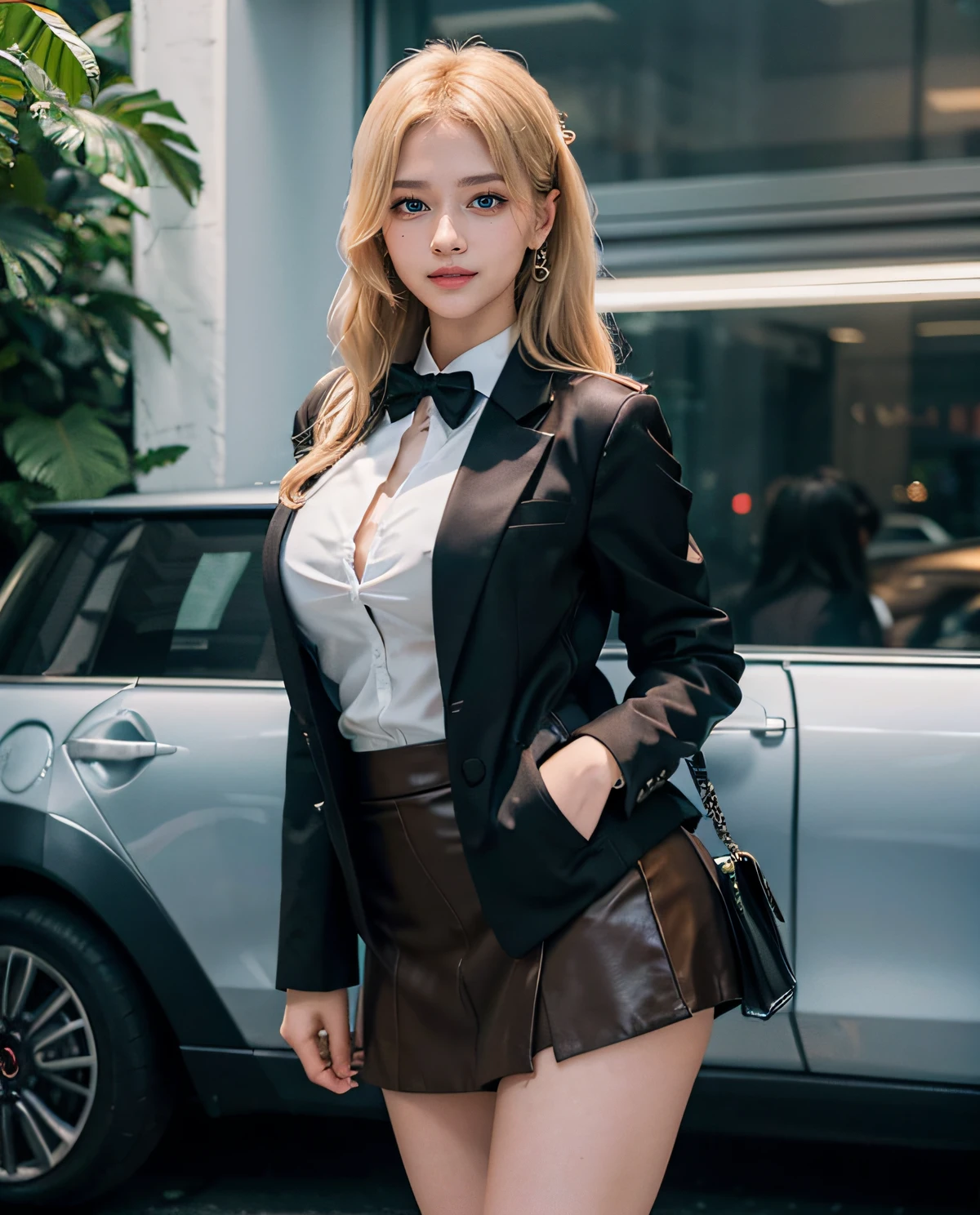 1girl, (Blue eyes), (Smile), (Sana Minatozaki), wide hips, Big Boobs, big ass, round butt, (Best Quality, 8k, Masterpiece: 1.3), perfect hands, Clear Focus: 1.2, Perfect Body Beauty: 1.4 , Slender Abs: 1.2, Highly detailed face and skin texture, detailed eyes, double eyelids, (blonde long hair), ((Black formal mini skirt :1.2)), ((brown closed formal blazer :1.2)), (high heels), (sexy executive woman :1.3), standing, varied pose, next to a luxurious building