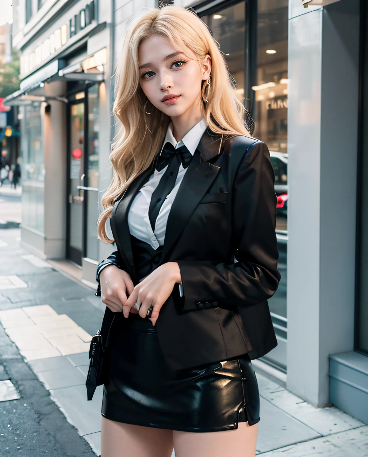 1girl, (Blue eyes), (Smile), (Sana Minatozaki), wide hips, Big Boobs, big ass, round butt, (Best Quality, 8k, Masterpiece: 1.3), perfect hands, Clear Focus: 1.2, Perfect Body Beauty: 1.4 , Slender Abs: 1.2, Highly detailed face and skin texture, detailed eyes, double eyelids, (blonde long hair), ((Black formal mini skirt :1.2)), ((brown closed formal blazer :1.2)), (high heels), (sexy executive woman :1.3), standing, varied pose, next to a luxurious building