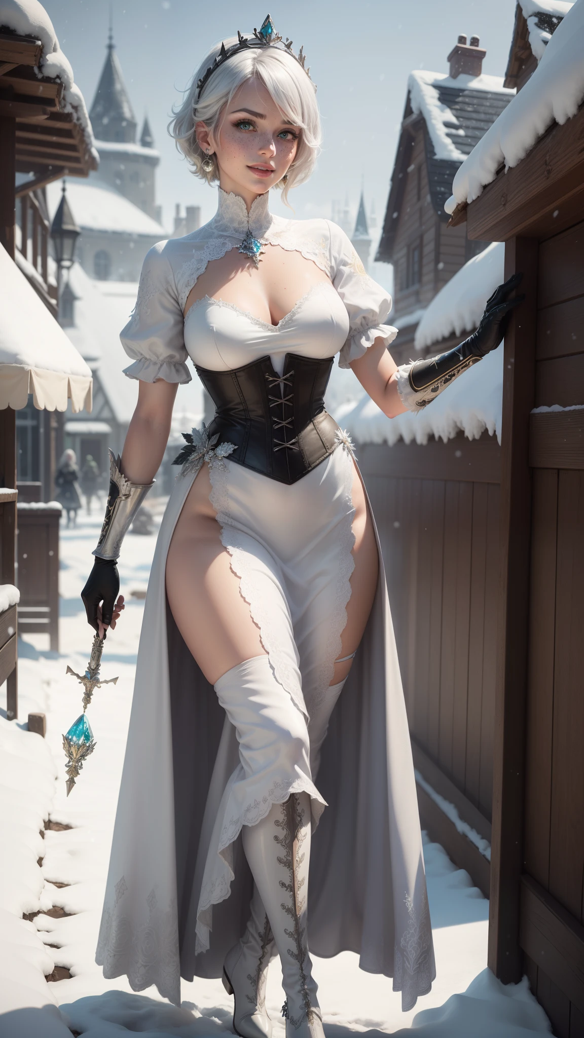 gwen tennyson,tracer,y'shtola rhul,yorha 2b,rebecca chambers,frozen,nier automata,atelier ryza,close up,winter village,tattoos,white plugsuit,white short sleeve metal top,silver embroidery long white crystal gown dress,yellow embroidery corset,short hair,princess makeup,glowing green eyes,multicolored silver hair,sexy smile,freckles,beautiful girl,large breasts,thigh high boots,8k,ultra detailed,realistic,fantasy art,winter castle,crystal armor,feathered armor, winter princess outfit,long dress train,yellow snowflake crown,ear piercings,crystal hand and neck jewelry,walking,magic wand,lingerie,(weather:snowing),