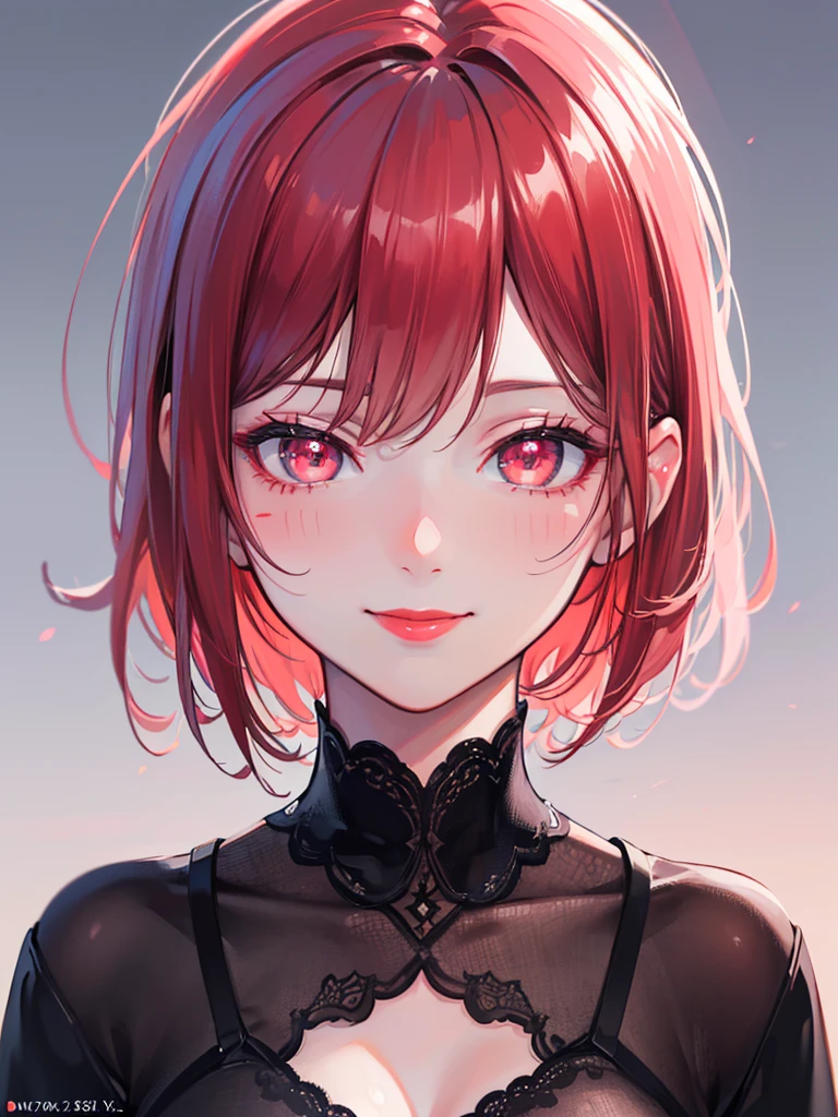 (best quality,4k,8k,highres,masterpiece:1.2),ultra-detailed,(realistic,photorealistic,photo-realistic:1.37),Anime,Female,Short red hair,red lipstick,black dress,Glowing pink eyes,bashful smile,blush marks,vivid colors,portraits,soft lighting