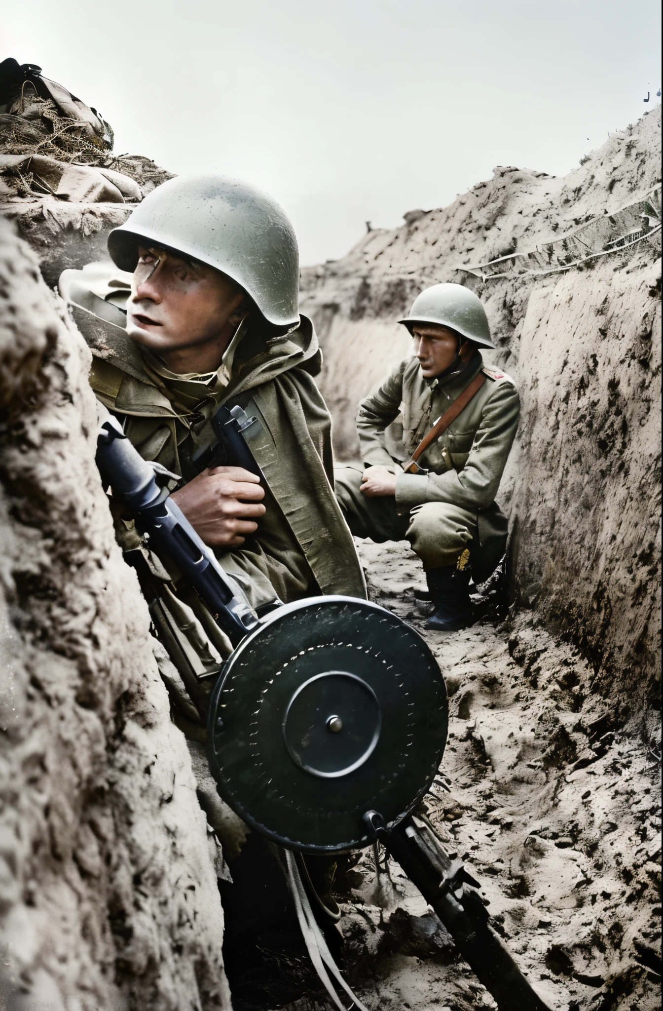 soldiers in a trench with a machine gun and a machine gun, german and soviet soldiers, ww2 historical photography, ww 2 historical photography, award winning colorized photo, war photo, in trenches, russian army infantry soldiers, colourized, soviet military, sergey zabelin, by Béla Kondor, eastern front, russian ww 1, a colorized photo, colorized photograph