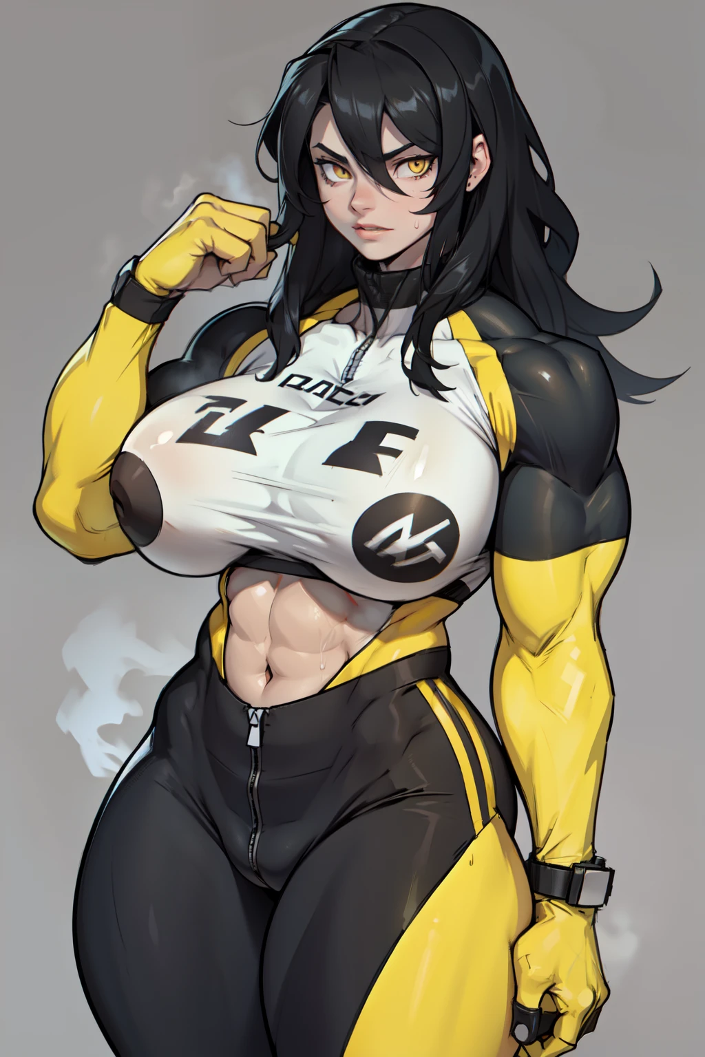 girl (1girl muscular grey background pale skin bodybuilder) toned body huge breasts thin waist black hair yellow eyes straight hair sweaty hair between eyes skintight