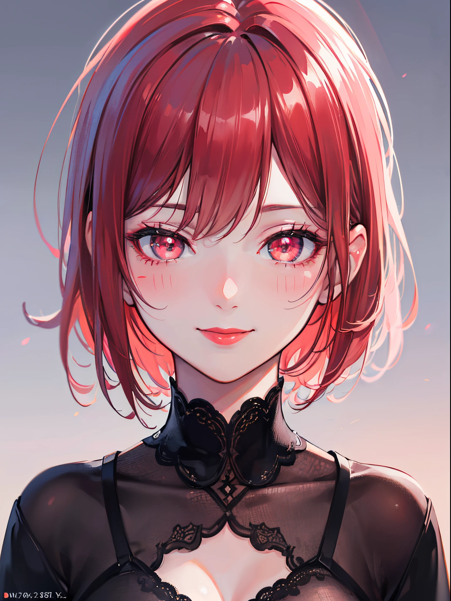 (best quality,4k,8k,highres,masterpiece:1.2),ultra-detailed,(realistic,photorealistic,photo-realistic:1.37),Anime,Female,Short red hair,red lipstick,black dress,Glowing pink eyes,bashful smile,blush marks,vivid colors,portraits,soft lighting
