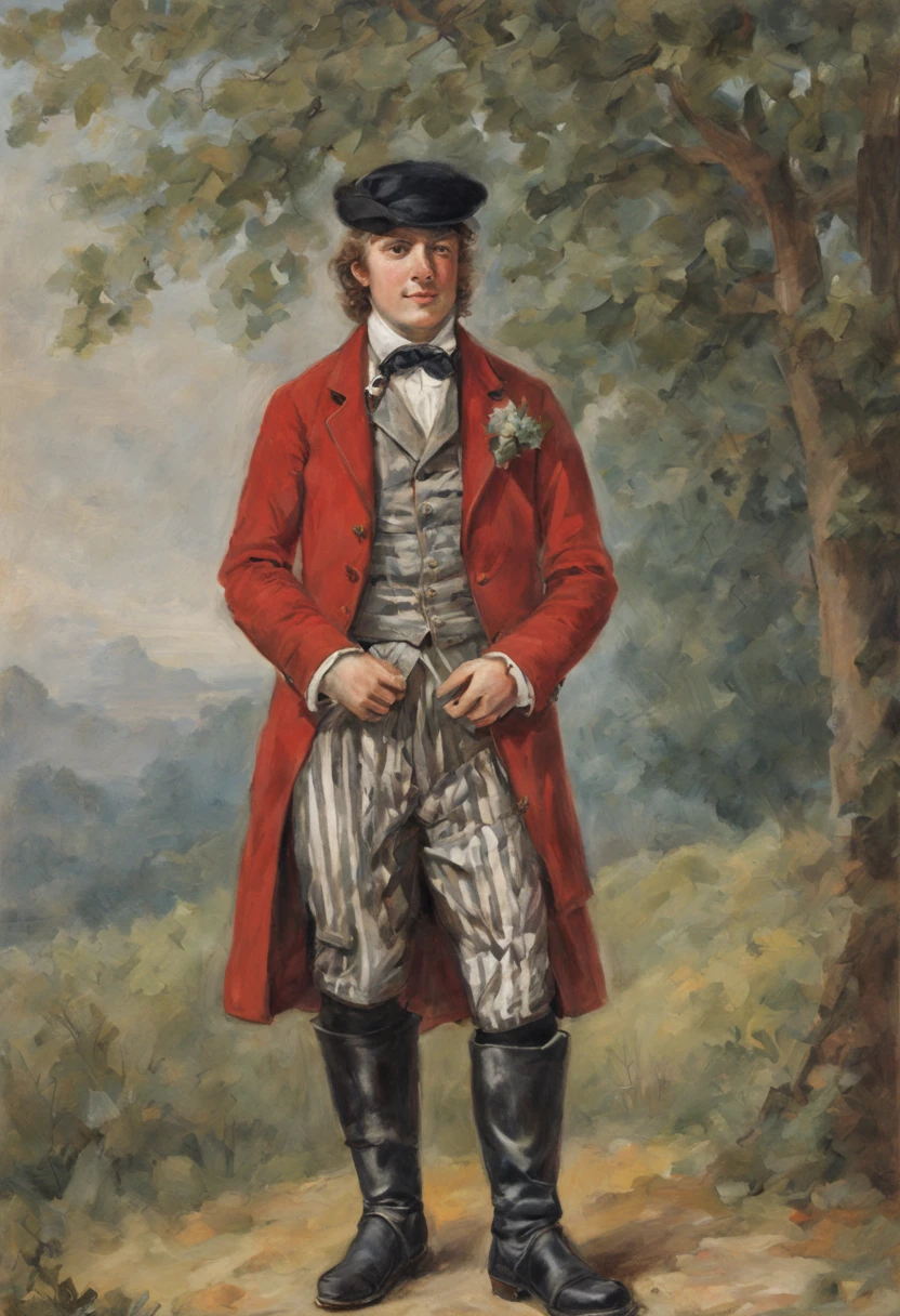 bridegroom, portraite of a, Slav, red shirt, frock coat, knee boots, cap, waistcoat, striped trousers, tucked into boots