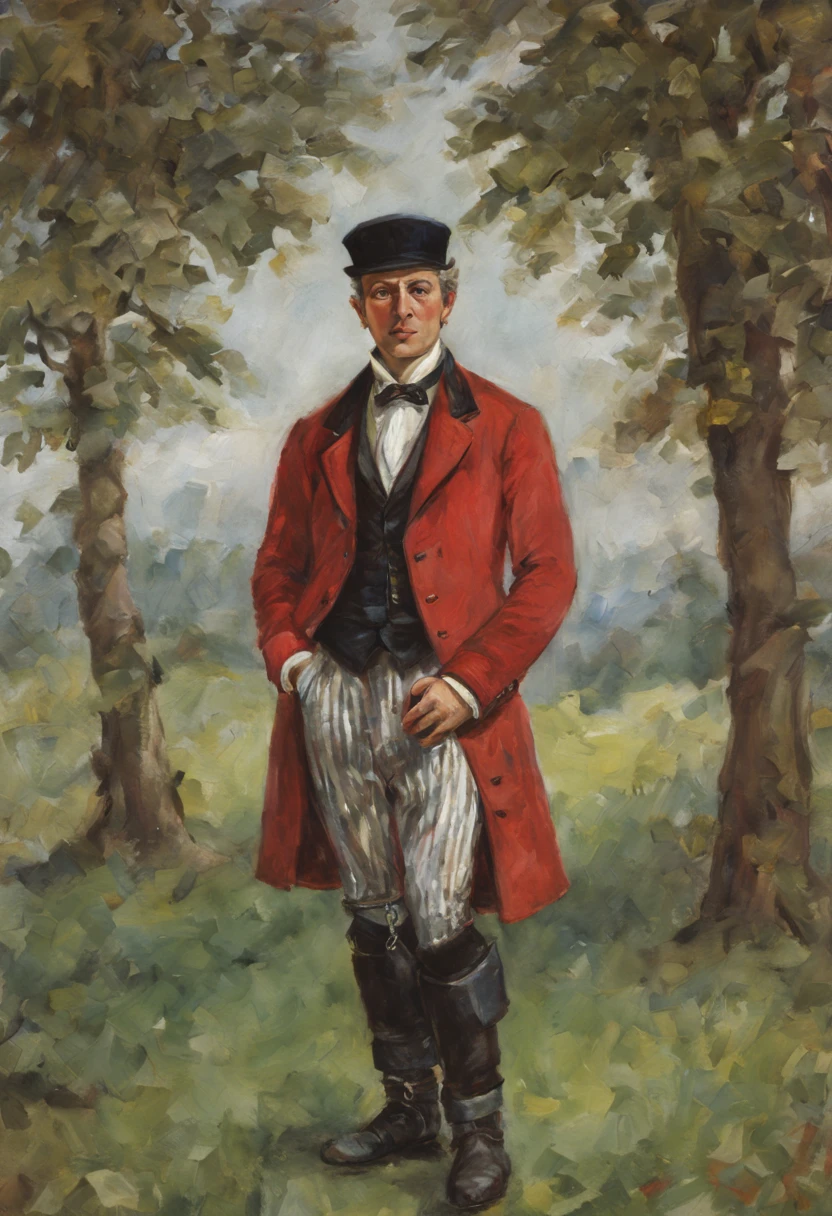 bridegroom, portraite of a, Slav, red shirt, frock coat, knee boots, cap, waistcoat, striped trousers, tucked into boots