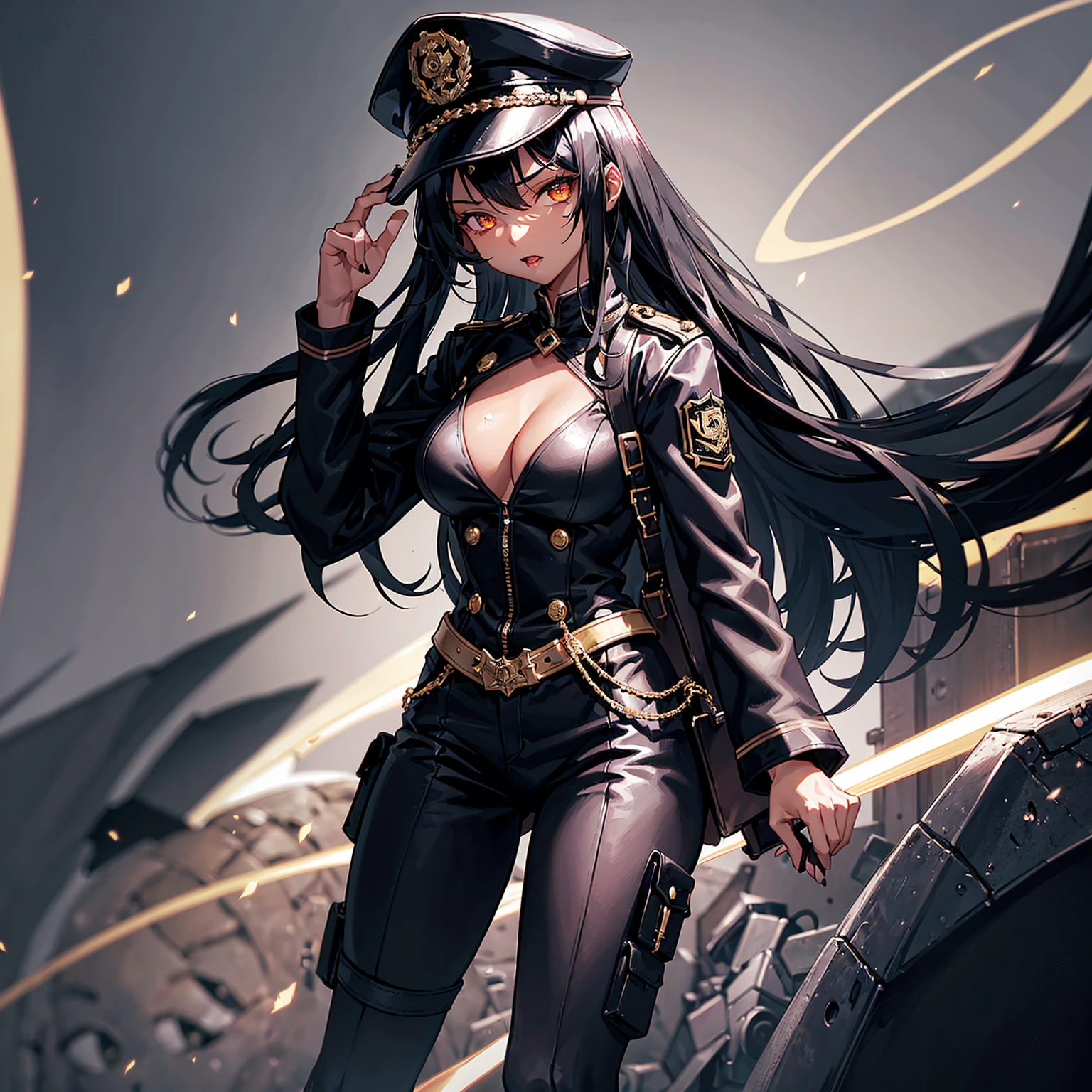 1 girl(20 years old),vampire,golden eyes,black hair,dark skin,wearing a black  military uniform,military cap,leaving cleavage,grining at viewer,High quality,high resolution,high detail,wallpaper,splash art,castle background