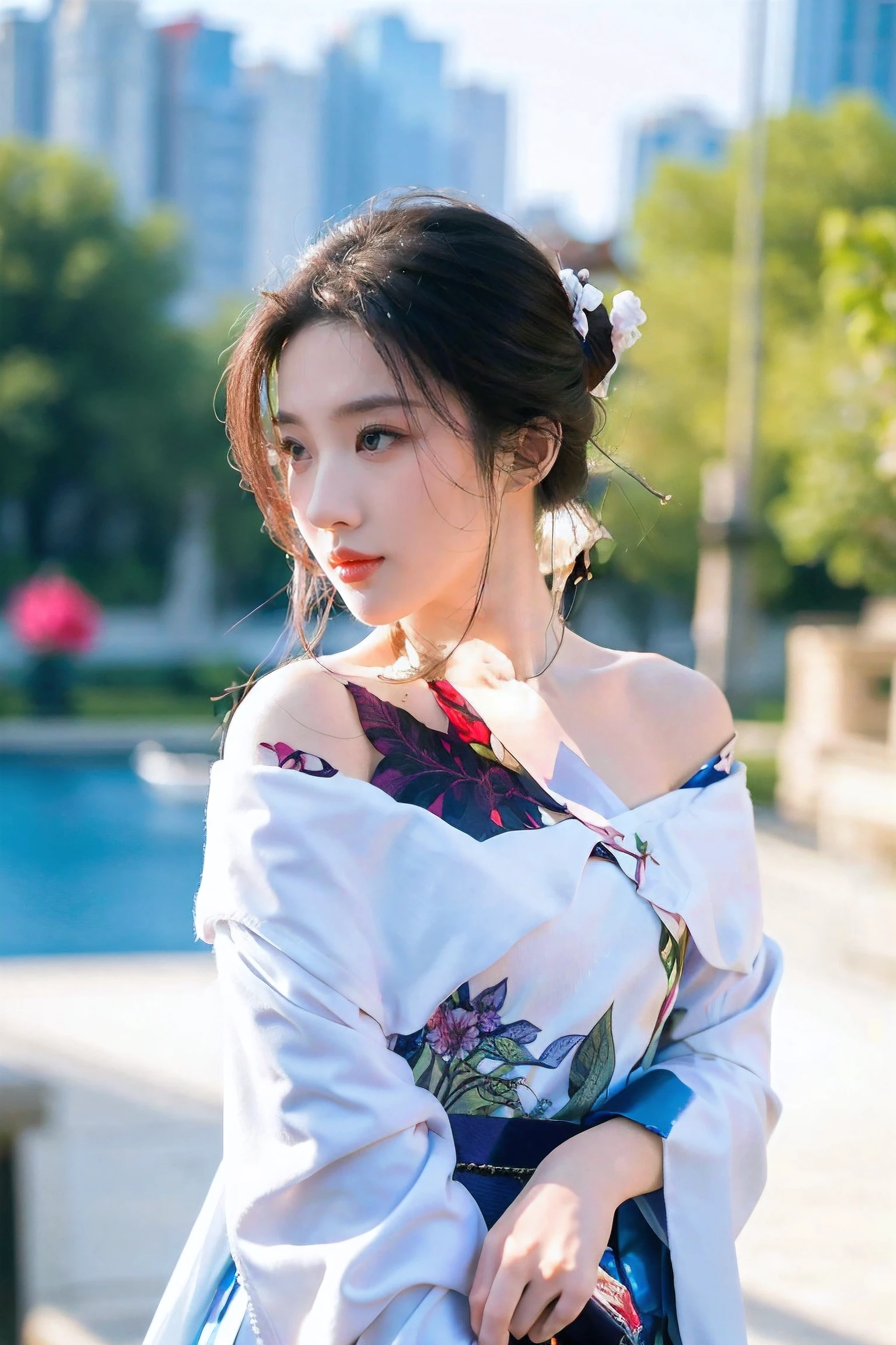 hyper quality,high detail,high resolution,FHD,1080P,2K4K18K,1girl,solo,(From the front),chinese clothes,off shoulder,Shiny and fair skin,outdoor,simple background,LYF@SEAN