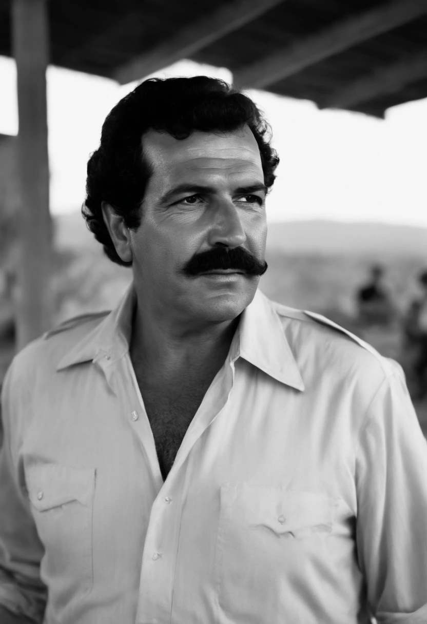 A photo of Escobar overseeing the construction of a new community hospital,original,Pablo Escobar, the infamous Colombian drug lord and leader of the Medellín Cartel, was often recognized for his stout build and mustachioed face. He typically dressed in casual attire, favoring simple polo shirts and slacks, which contrasted sharply with his immense wealth and power. His dark, brooding eyes and stern expression often gave him an intimidating presence, a reflection of his formidable status as one of the world’s most notorious criminals.