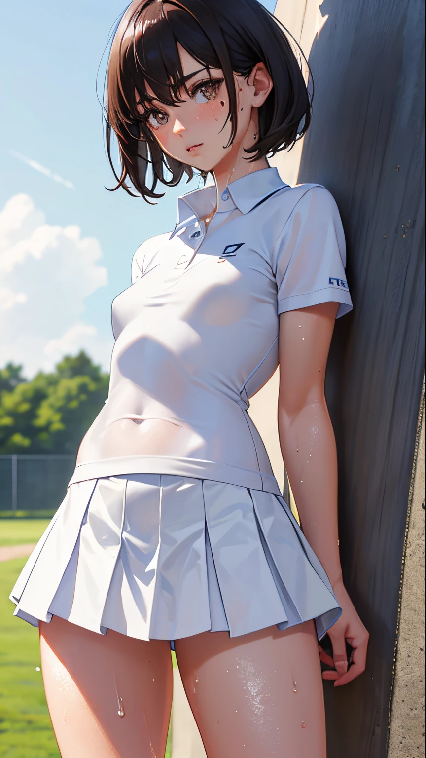 1girl, solo, white polo shirt, white sneakers, tennis wear, white miniskirt, masterpiece, best quality, realistic, hyper-detailed, (shiny skin, sweaty:1.4), absurd, looking at viewer, short black hair, brown eyes, slender, dynamic lighting, high resolution, sharp focus, depth of field, detailed eyes, sharp pupils, realistic pupils, (small breasts:1.6), (thick thighs:1.0), outdoor, sky