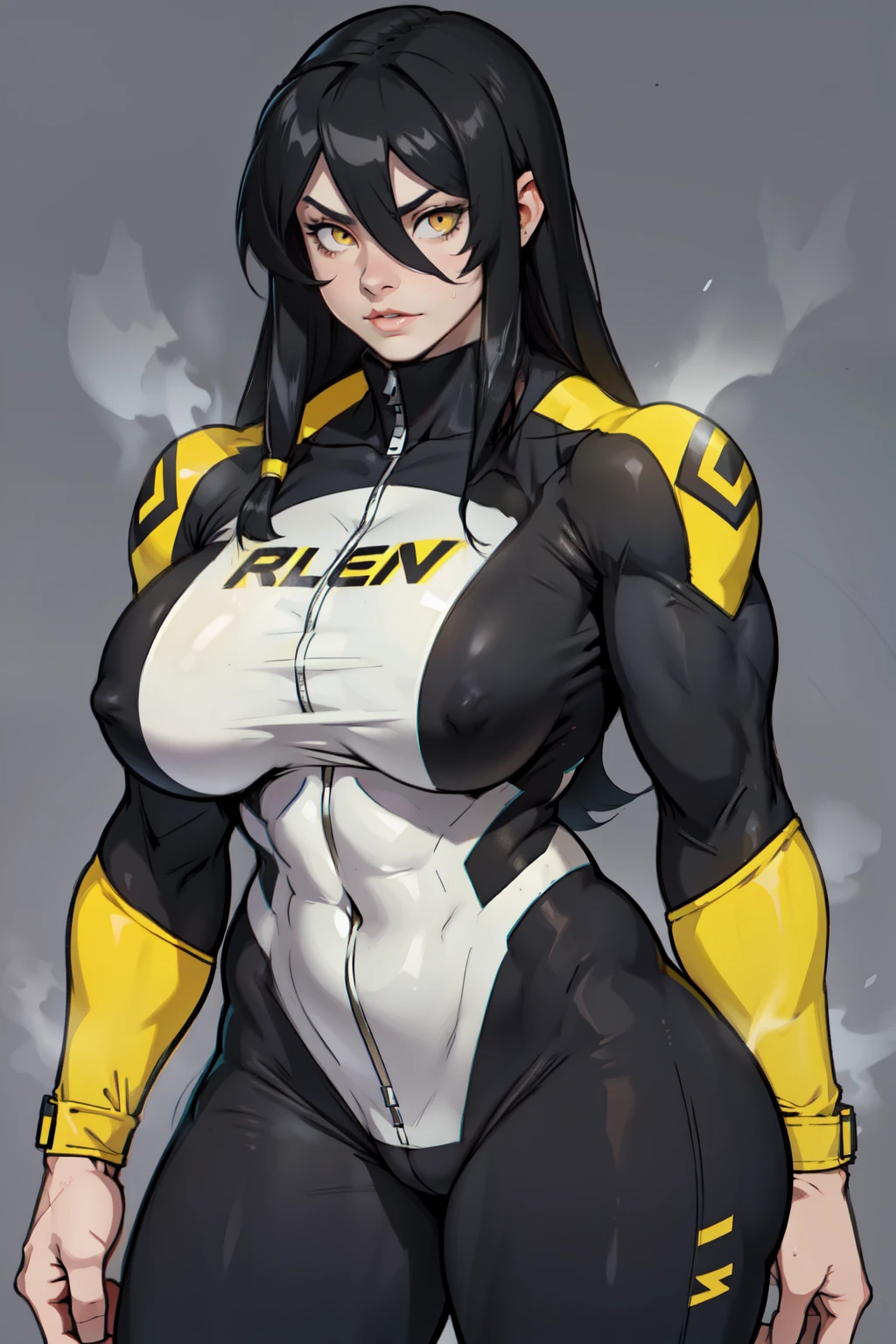 girl (1girl muscular grey background pale skin bodybuilder) toned body huge breasts thin waist black hair yellow eyes straight hair sweaty hair between eyes skintight pilot suit