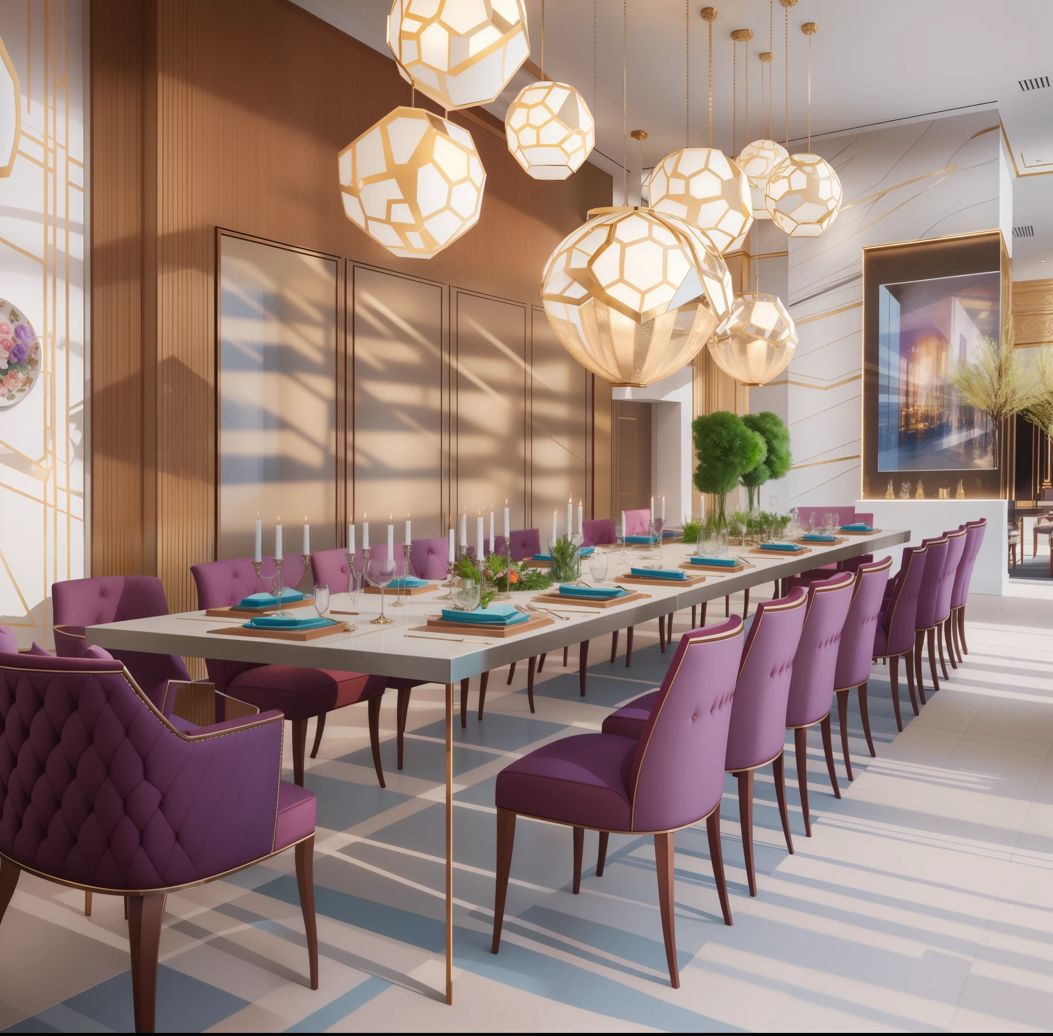 there are many chairs around a table with a lot of plates on it, long table, chefs table, dramatic artwork, dining room, exceptional, dining table, luxury condo interior, exceptional lighting, luxurious environment, chef table, stunning sunny lighting, architectural rendering, elegant and refined, high stylization, contaning tables and walls, precise architectural rendering, gourmet restaurant, stunning lighting