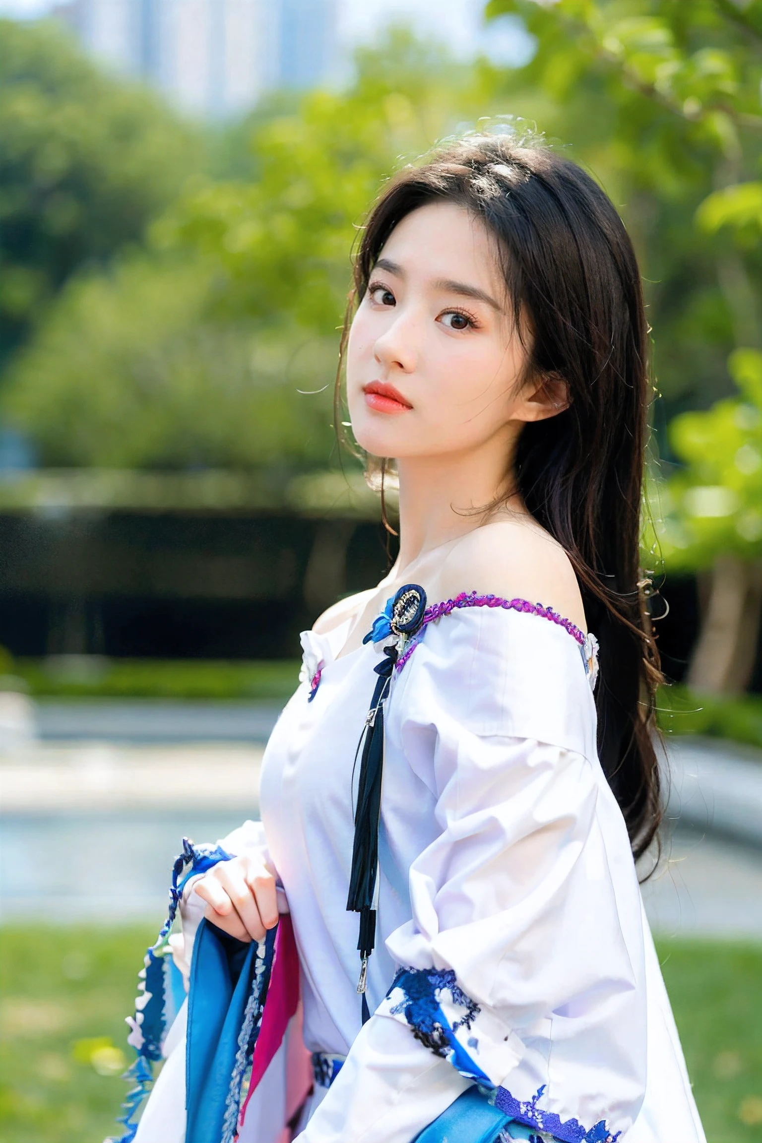 hyper quality,high detail,high resolution,FHD,1080P,2K4K18K,1girl,solo,(From the front),chinese clothes,off shoulder,Shiny and fair skin,outdoor,simple background,LYF@SEAN