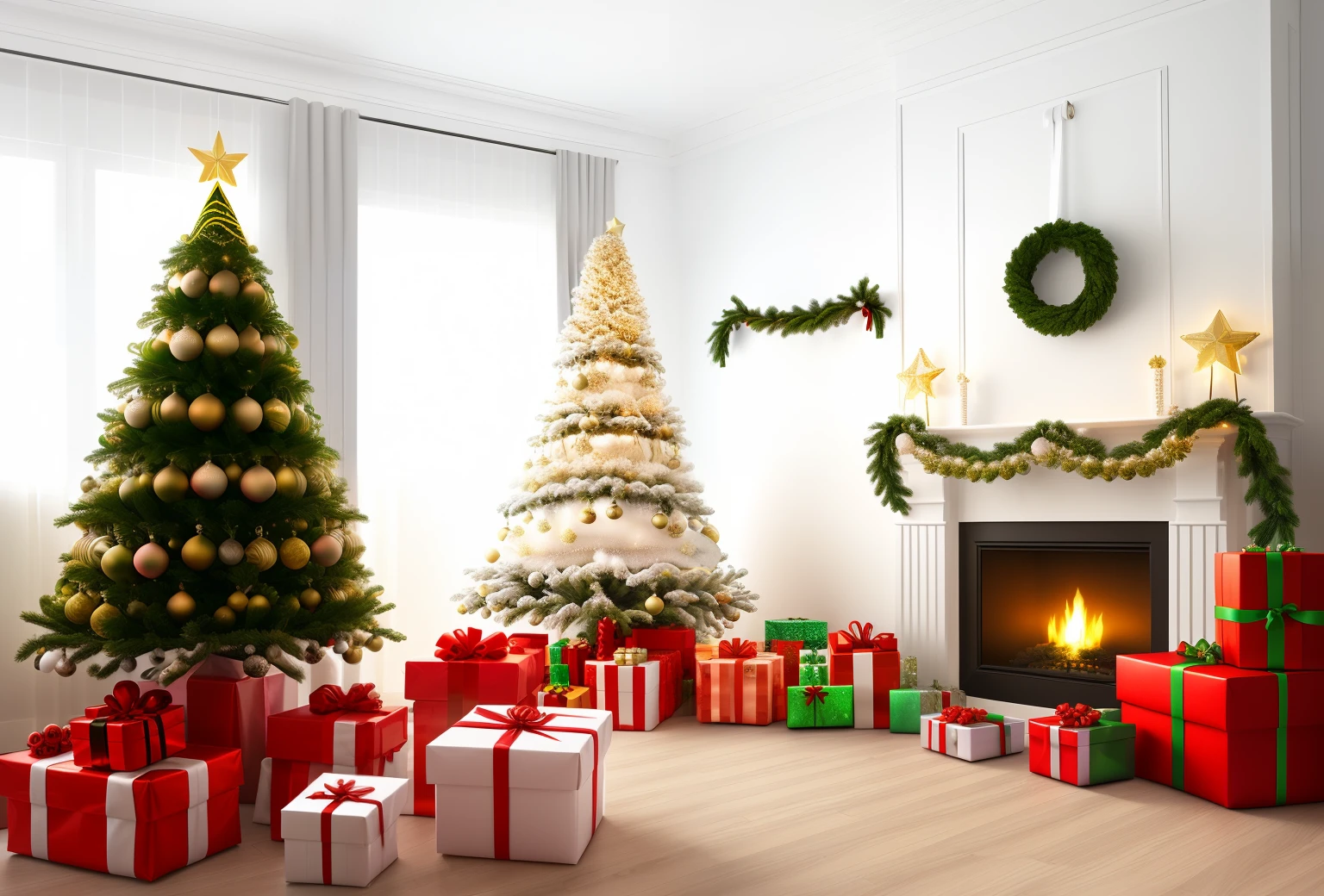 White room with presents around the Christmas tree