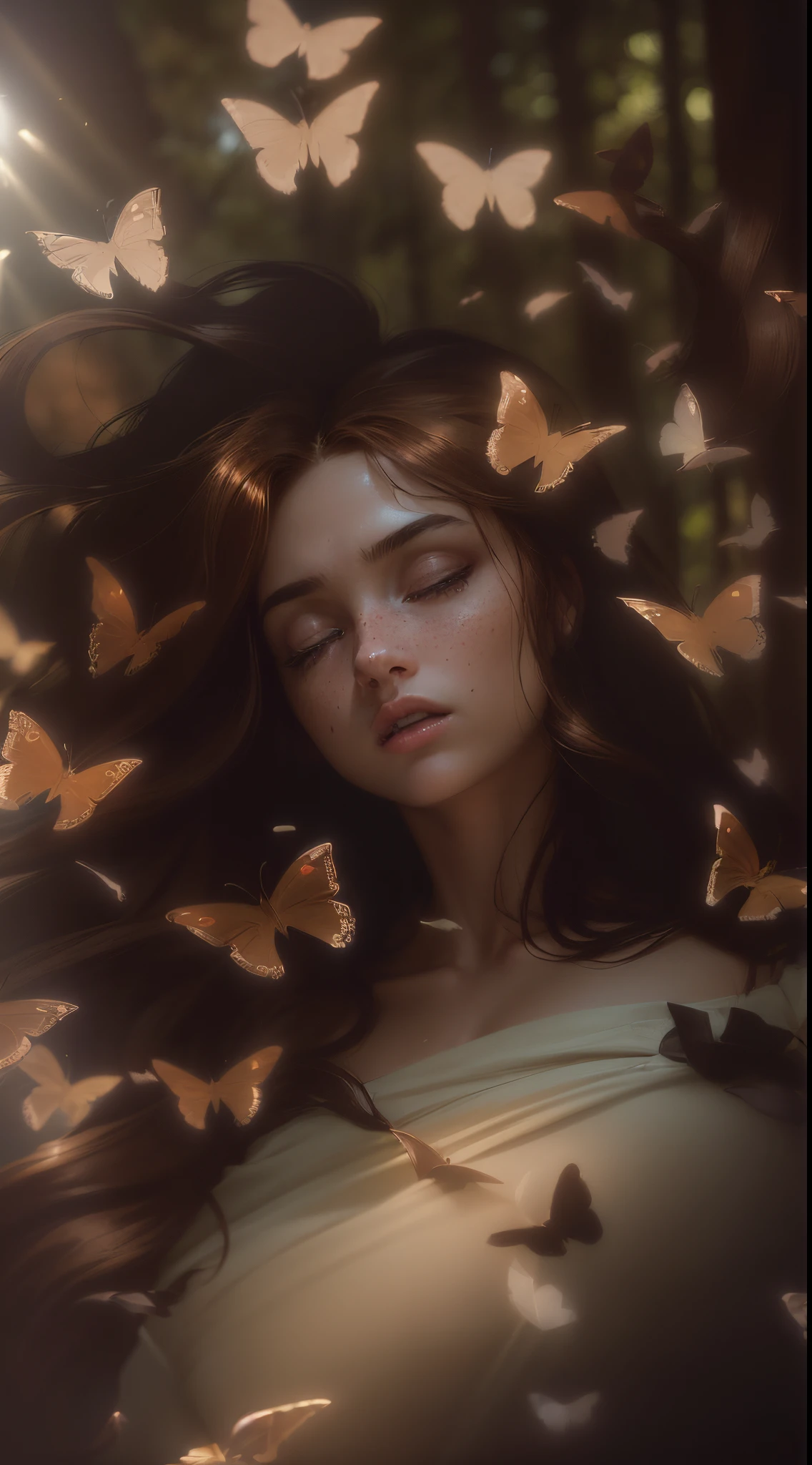 ((1female, 1woman, solo) Bella Swan, Human girl, long wavy chestnut brown hair, light chocolate brown eyes, freckles, teenager, 18 years old, forest background, curious expression) (Masterpiece, super detailed, 8K, (High-Definition, Sunlight:0.5, Soft_Shadows:0.5, Atmospheric_lighting, 8k, 4k, hyper-realistic, elegant, ((((cinematic appearance)))), soft tones, soft cinematic lights))