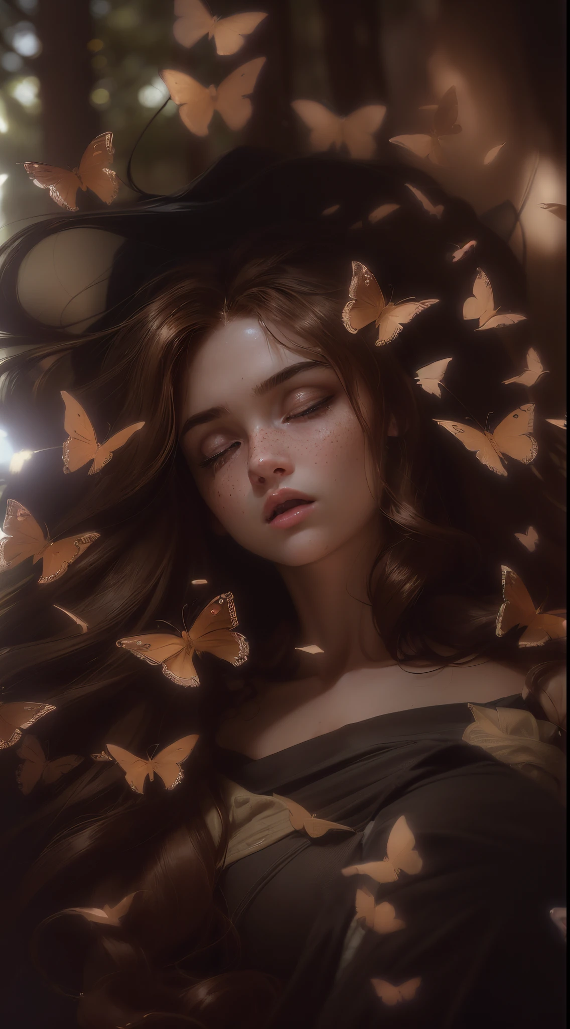 ((1female, 1woman, solo) Bella Swan, Human girl, long wavy chestnut brown hair, light chocolate brown eyes, freckles, teenager, 18 years old, forest background, curious expression) (Masterpiece, super detailed, 8K, (High-Definition, Sunlight:0.5, Soft_Shadows:0.5, Atmospheric_lighting, 8k, 4k, hyper-realistic, elegant, ((((cinematic appearance)))), soft tones, soft cinematic lights))