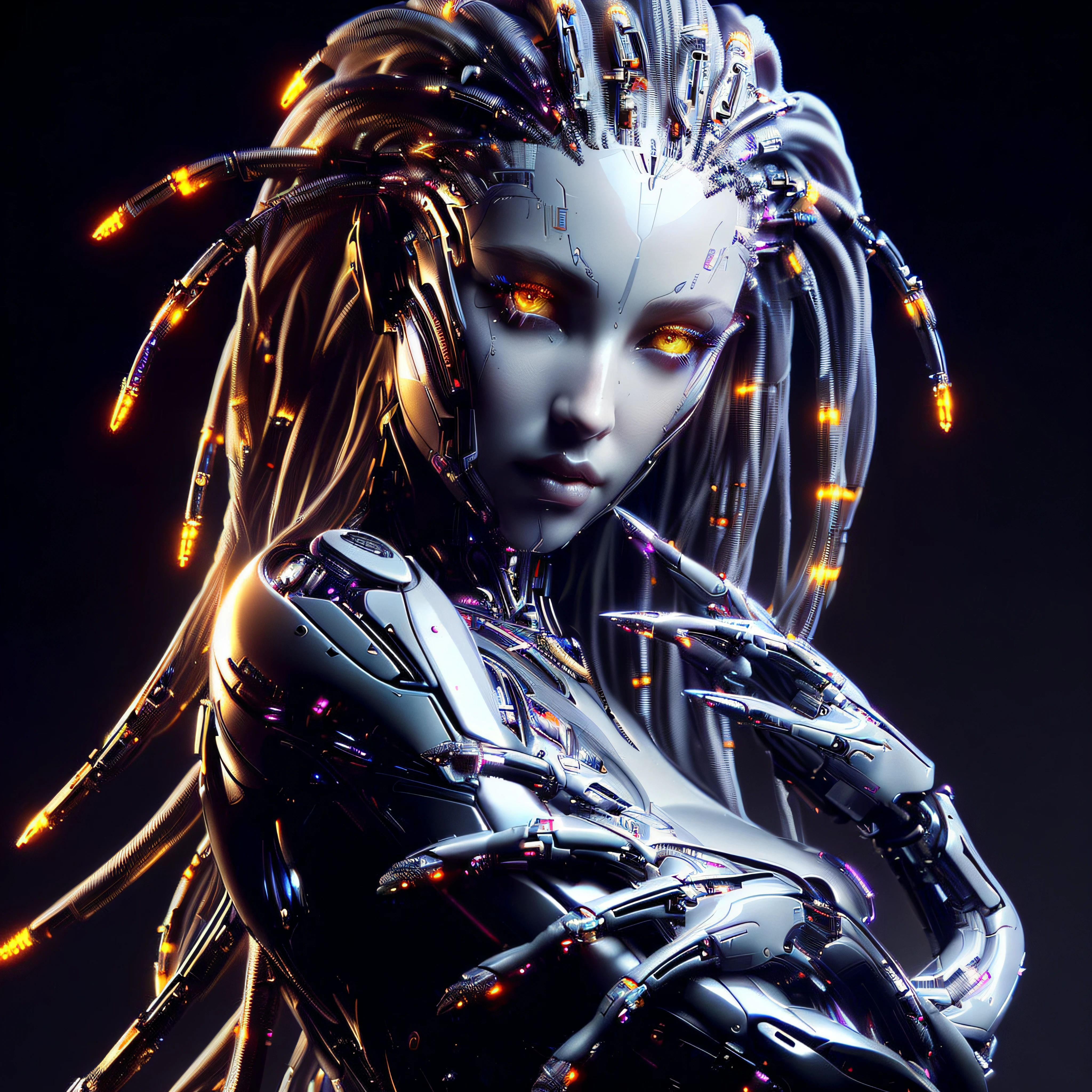 a close up of a woman with a futuristic look on her face, cyberpunk medusa, cyberpunk robotic elvish queen, cyborg - girl with silver hair, sci-fi android female, sci - fi character, beautiful female android!, portrait of a cyborg queen, sci fi female character, portrait of female humanoid, beautiful cyborg priestess, cybernetic and highly detailed