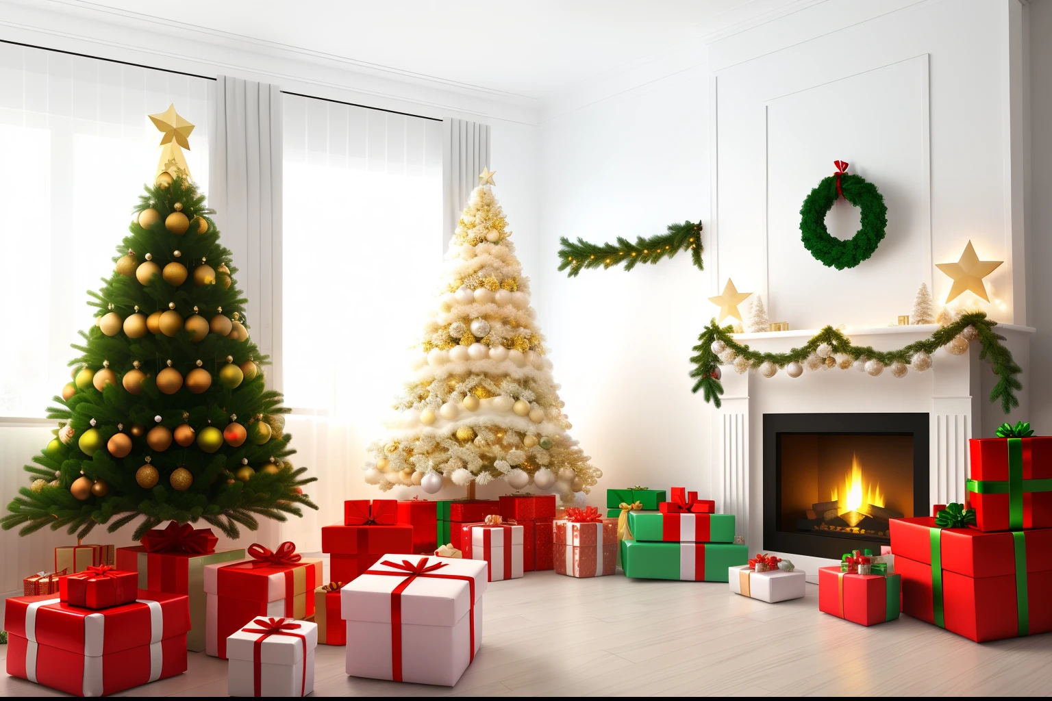 White room with presents around the Christmas tree, glittering