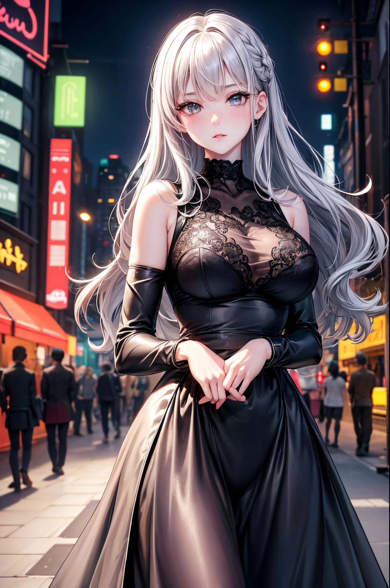 (8k, best quality, masterpiece:1.2),1girl,hair ornament, portrait, (long loose silver revealing dress:1.1), necklace, blue nails,cute,cityscape, night, rain, wet, professional lighting, photon mapping, radiosity, physically-based rendering,(mature female:1.3), (intricate detailed , taut clothes, hair ornament :1.2),