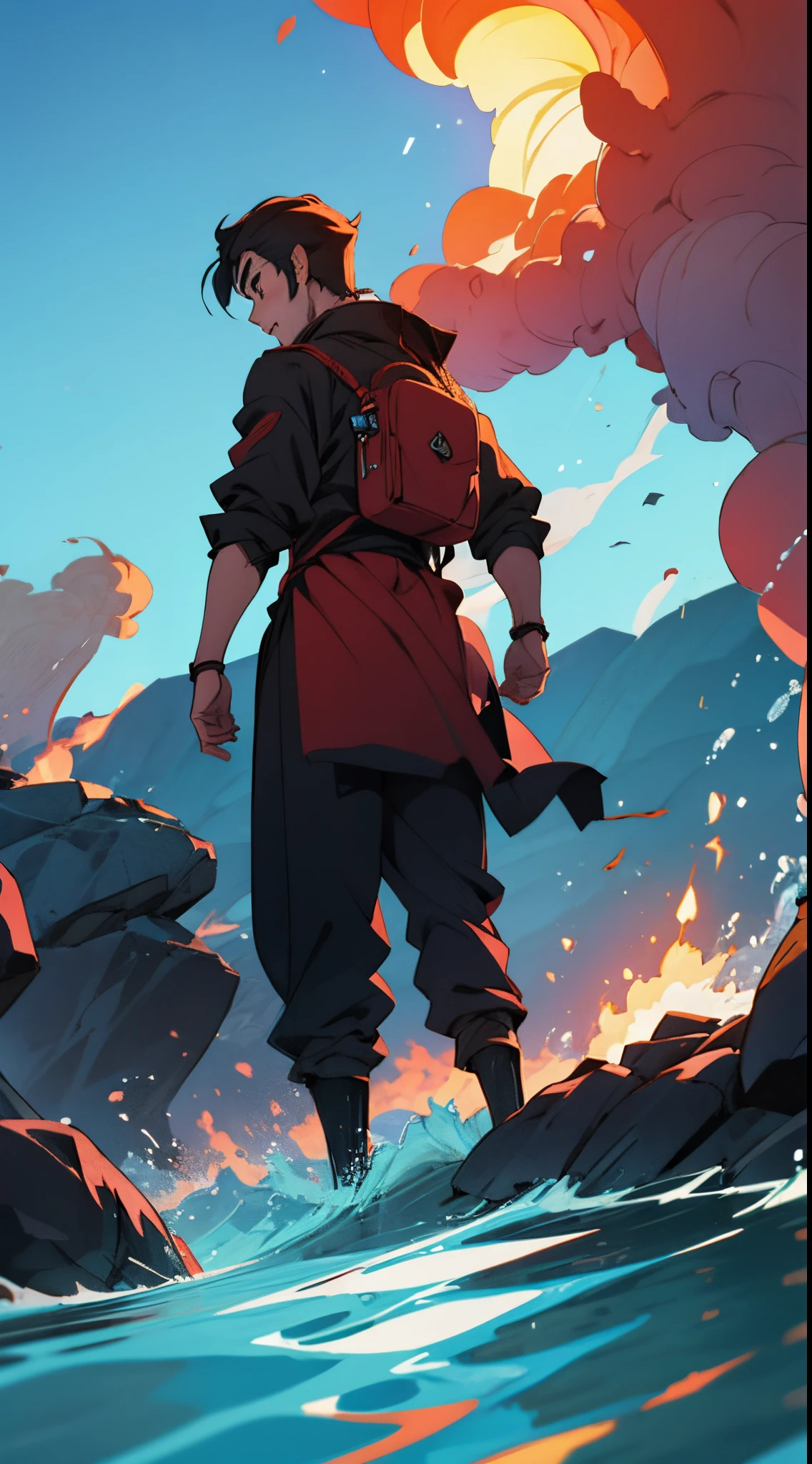 Draw an anime style picture with two fire and water power characters and they are both boys