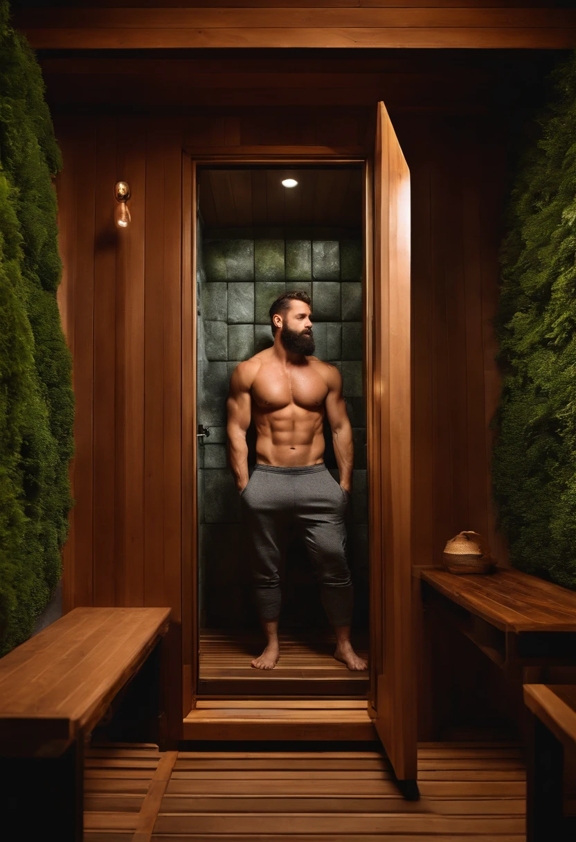 A photo of a beautifully patterned sauna room, with steam rising from the rocks.,original,Andrew Huberman is a man with a strong, athletic build, reflecting his interest in fitness and health. He sports a well-groomed beard, which adds to his scholarly yet approachable appearance. His hair is short and neatly styled, complementing his overall professional demeanor.