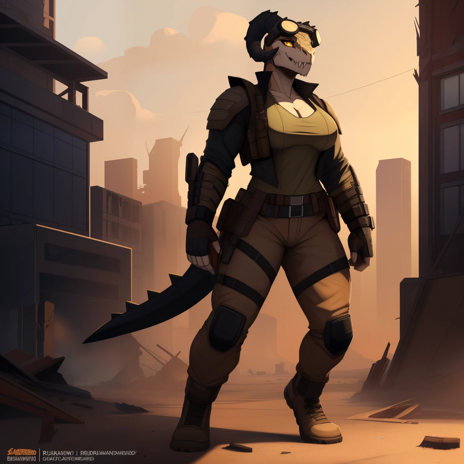 Tall_lanky_muscular_deathclaw female dark_beige_scaled_body spotted_scales yellow_eyes solo Masterpiece best_quality absurdres highly_detailed cleanly_drawn_eyes anthro_only by_claweddrip, by_greasymojo, by_underscore-b, by_runawaystride ripped_cargo_pants torn_leather_longcoat tactical_body_armor fingerless_gloves goggles destroyed_building heavy_dust_storm hazy bandolier