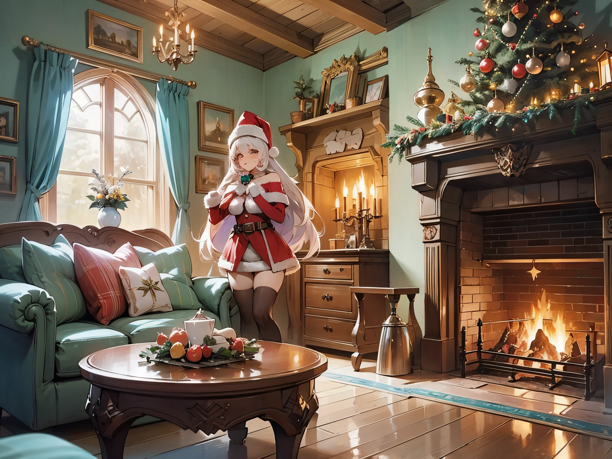 Beautiful and sexy Santa Cloud wearing a sexy form fitting beautiful santa outfit, lots of fir complex designs,Slim body, In a magical cozy cottage filled with majical christmas decorations, roaring fire in the fireplace, warm lights contrasting cold blue outside big window to see the winter wonderland outside. COttage has a lot of beautiful wood inside, magical looking inside. --auto --s2