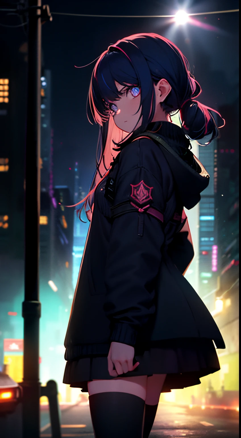 night time, Colorful cyberpunk city background, Sateen, Street, Teenage girl in a comfortable sweater, loli, black stockings, back light, looking at the audience, Low-angle lens, Upward-looking lens, Perfect composition, Perfect light and shadow are gentle, 8K