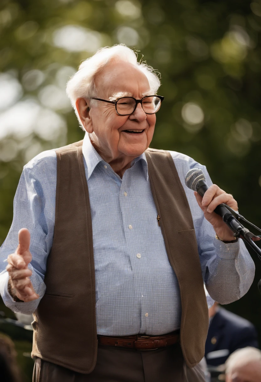 A picture of Warren Buffett giving a speech at a local high school,original,Warren Buffett, often referred to as the “Oracle of Omaha,” has a friendly, approachable appearance, typically seen in modest, practical attire that belies his status as one of the world’s wealthiest individuals. He has an unassuming demeanor, often seen with a gentle smile, and his elderly visage is marked by a warm, grandfatherly appeal.