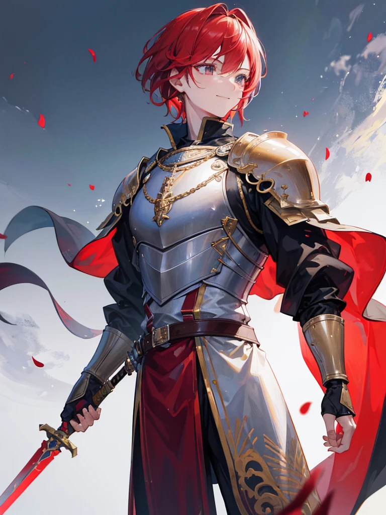 Highres,detailed,gallant knight with short red hair and bashful smile,wearing knight clothes and holding a sword in his right hand,standing against the backdrop of a majestic kingdom,with vivid colors and realistic lighting