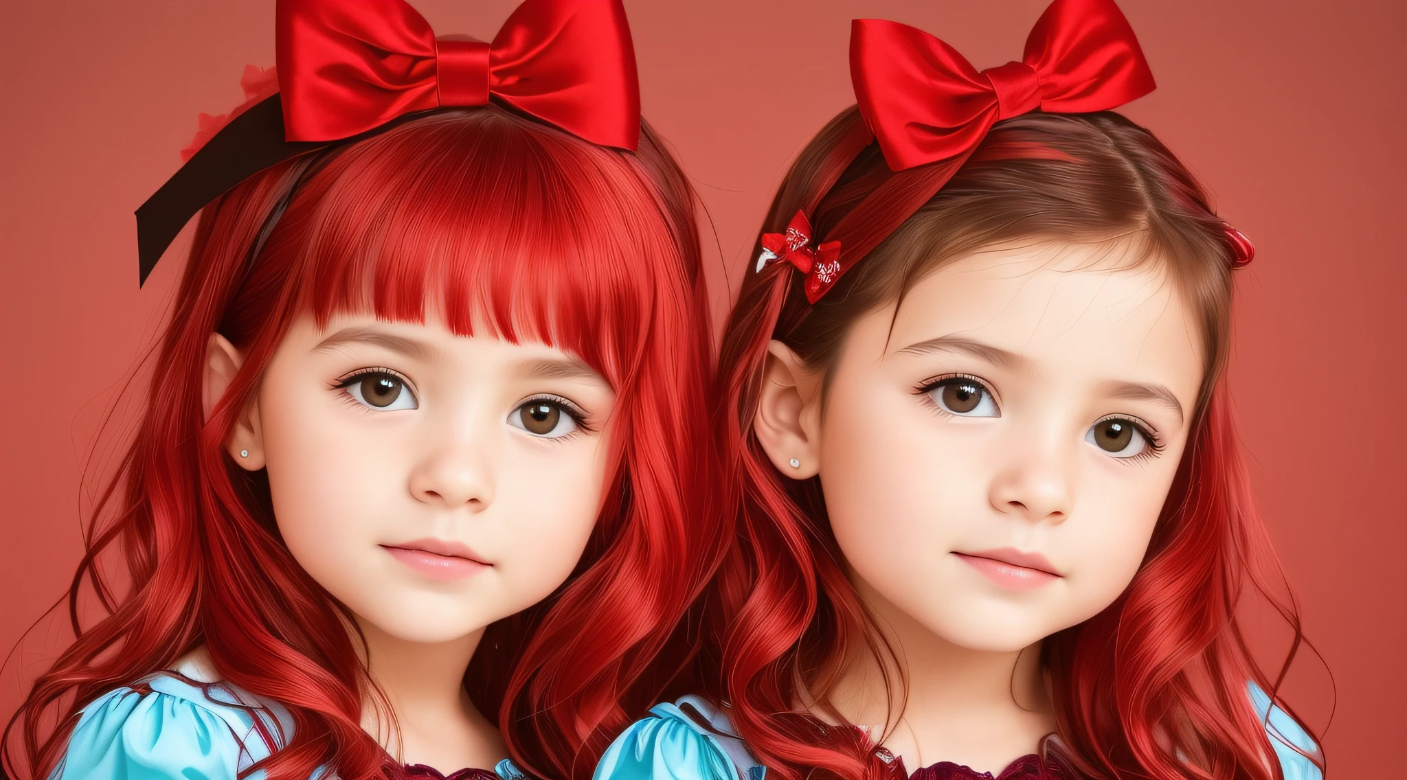 two girls with bows on their heads and one wearing a red dress, beautiful gemini twins portrait, beautiful gemini twins, foto de retrato em close-up, childrens, s fofas, childrens, Looks doces, Beautiful girls, Gorgeous features, dois penteados pigtails, retrato closeup, twins, Duas meninaotada, lindo bonito, faixa de cabelo vermelha, vestindo roupas vermelhas