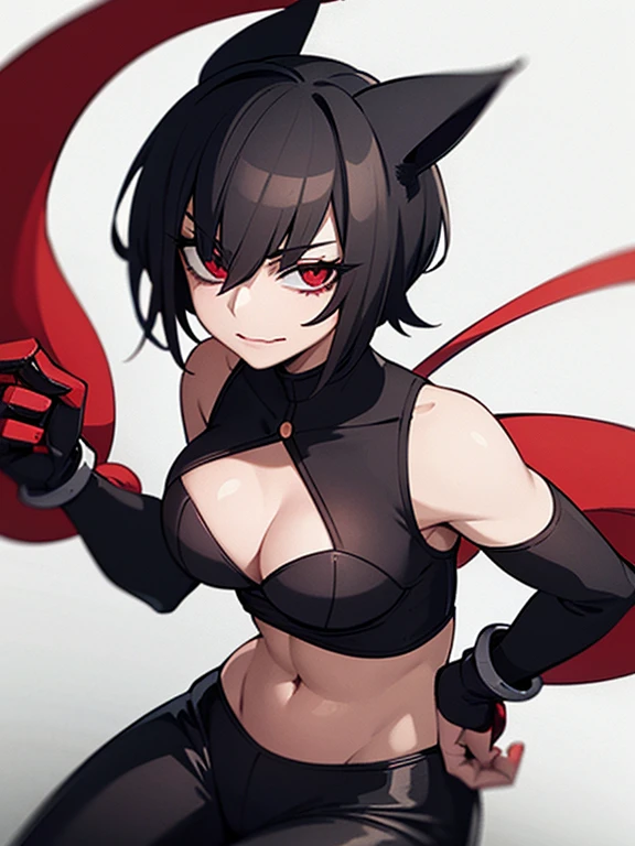 A mature flat chested woman with short black hair in a sharp bob, sharp red eyes and black cat ears and a tail in a hero costume