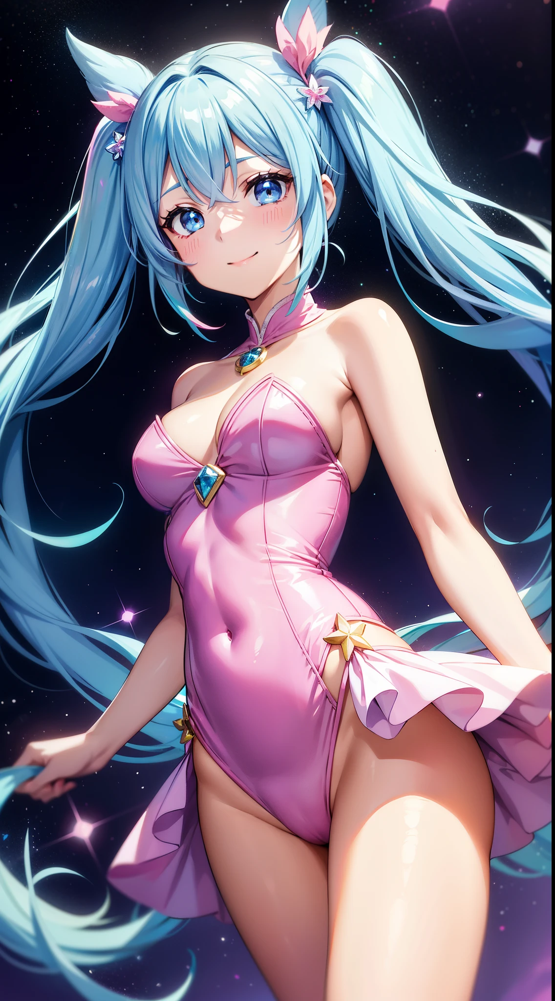 Super Idol a beauty girl A charming smile sky blue hair length hair Twin-tailed Bright white and pink and blue bright sexy leotard outfit Fantasia constellation a moon Crystal Brilliance Aurora Borealis in the Night Sky