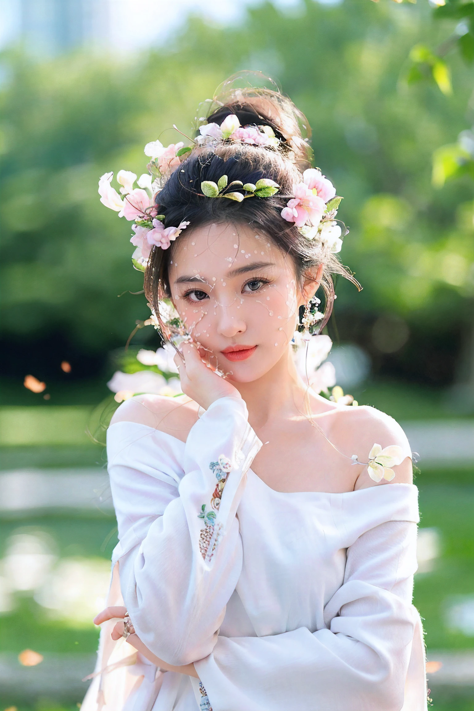 hyper quality,high detail,high resolution,FHD,1080P,2K4K18K,1girl,solo,(From the front),chinese clothes,off shoulder,Shiny and fair skin,outdoor,simple background,LYF@SEAN