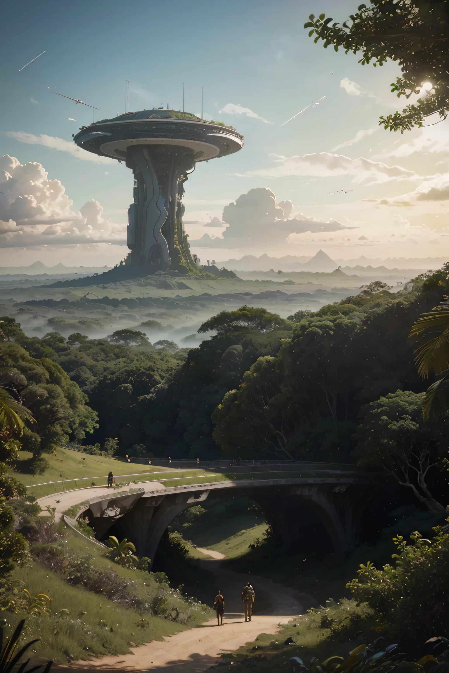 an incredible masterpiece of fine art, 8k, atmospheric art, an unexplored tropical planet, an open plateau, a jungle, giant trees to the sky, massive mountains on the horizon, a futuristic-looking space base (Sci-fi design), people walk on the base, there are futuristic-looking all-terrain vehicles, two natural satellites in the sky